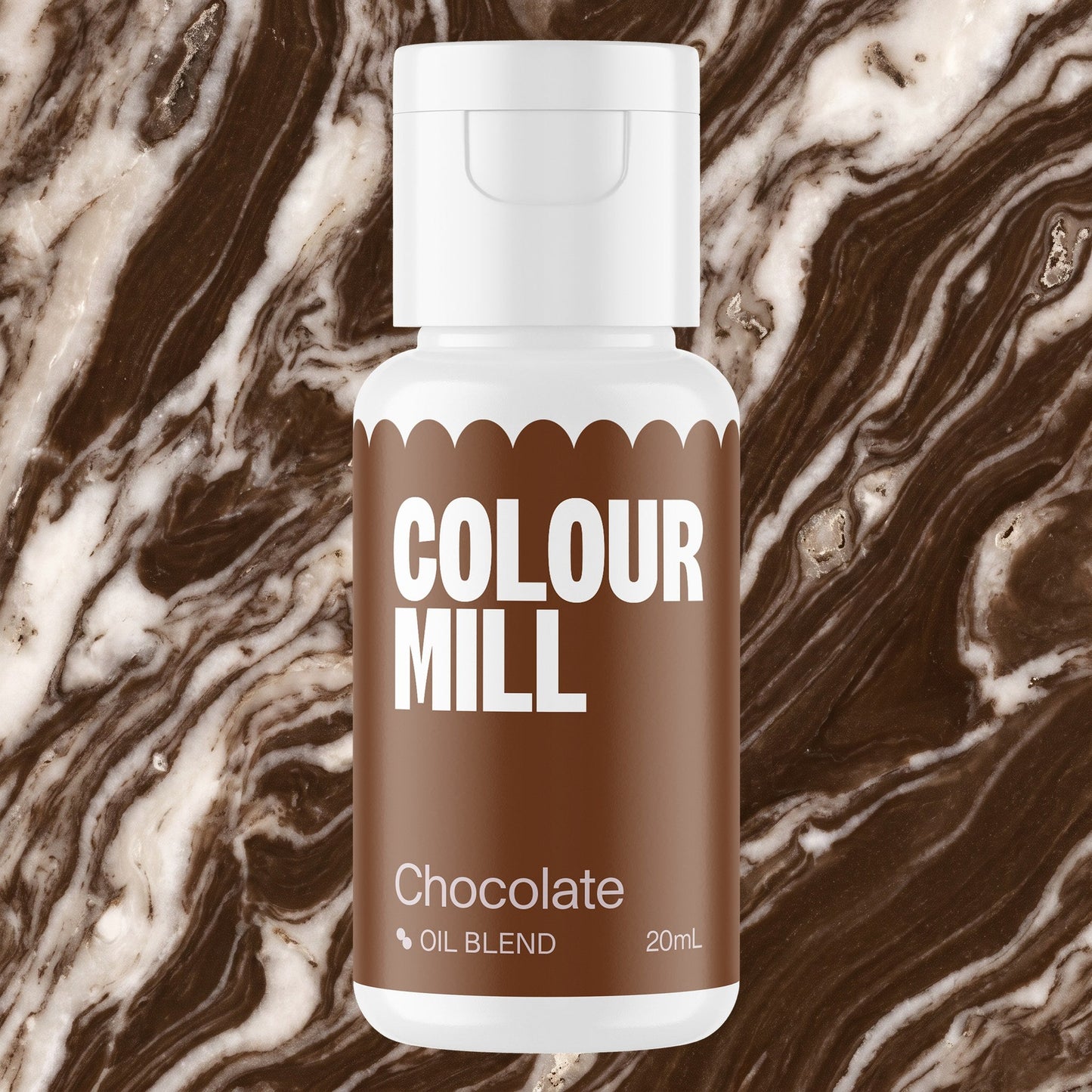 Colour Mill Chocolate 20ml oil based food coloring bottle on a marbled background