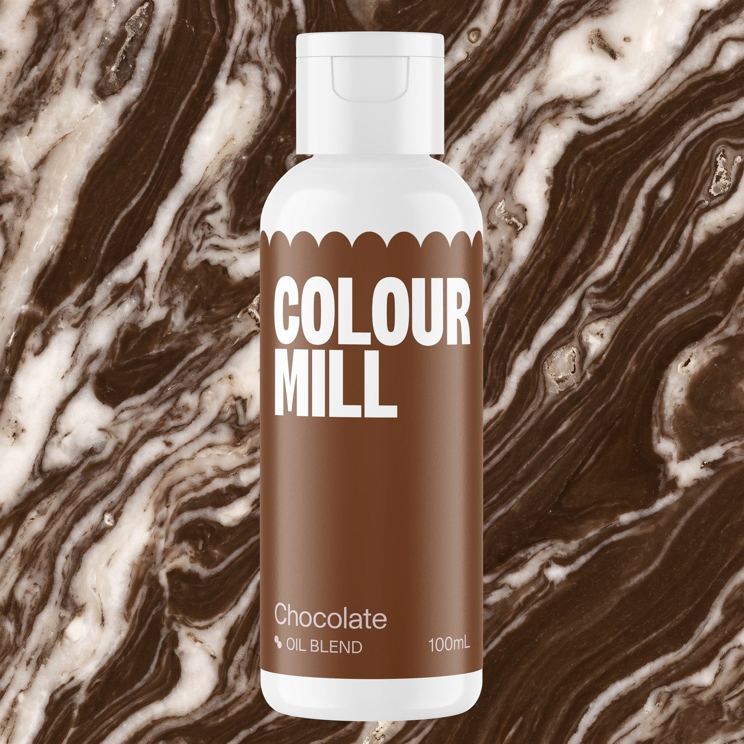 Colour Mill Chocolate 100ml oil based food coloring bottle on a marbled background