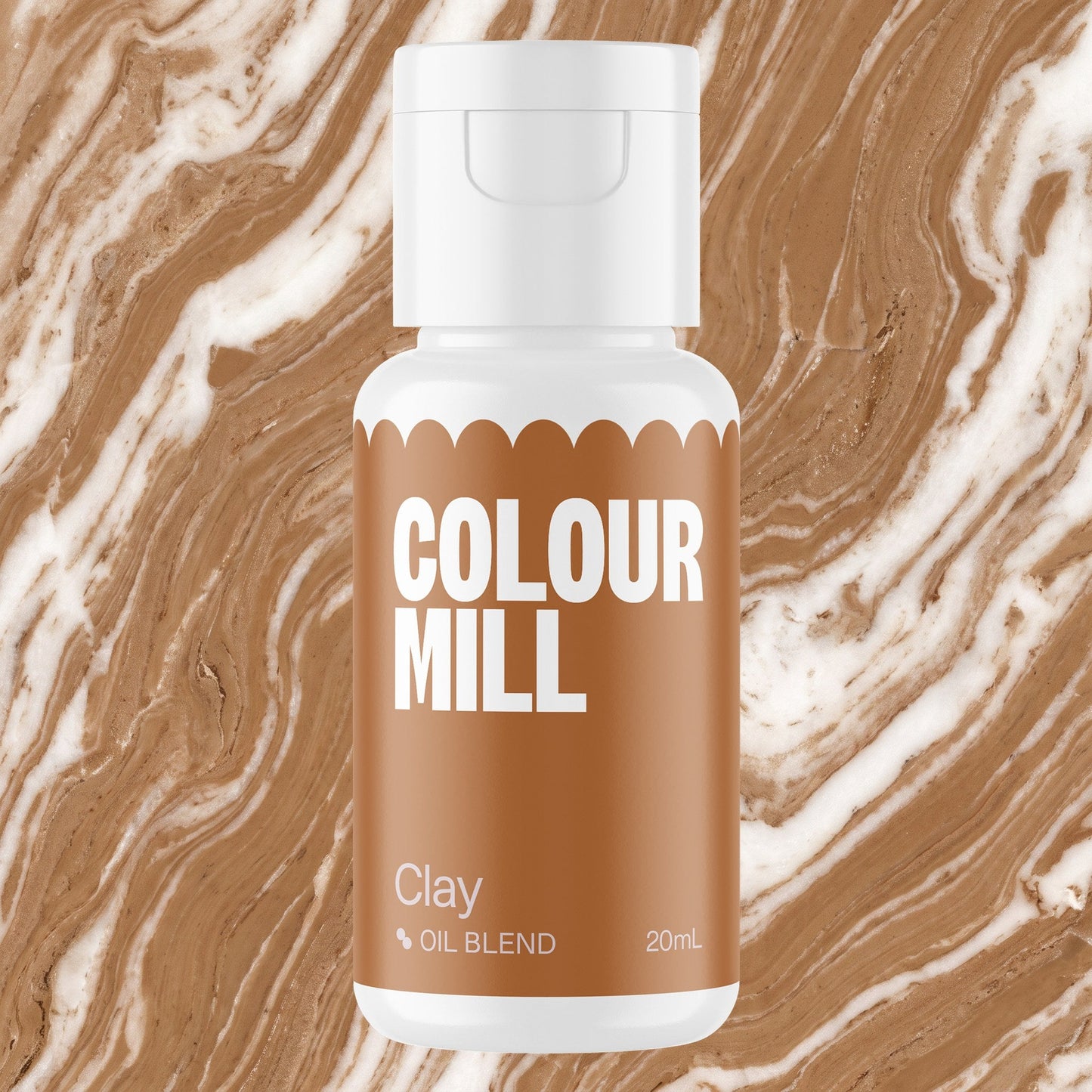 Colour Mill Clay 20ml oil based food coloring bottle on a marbled background
