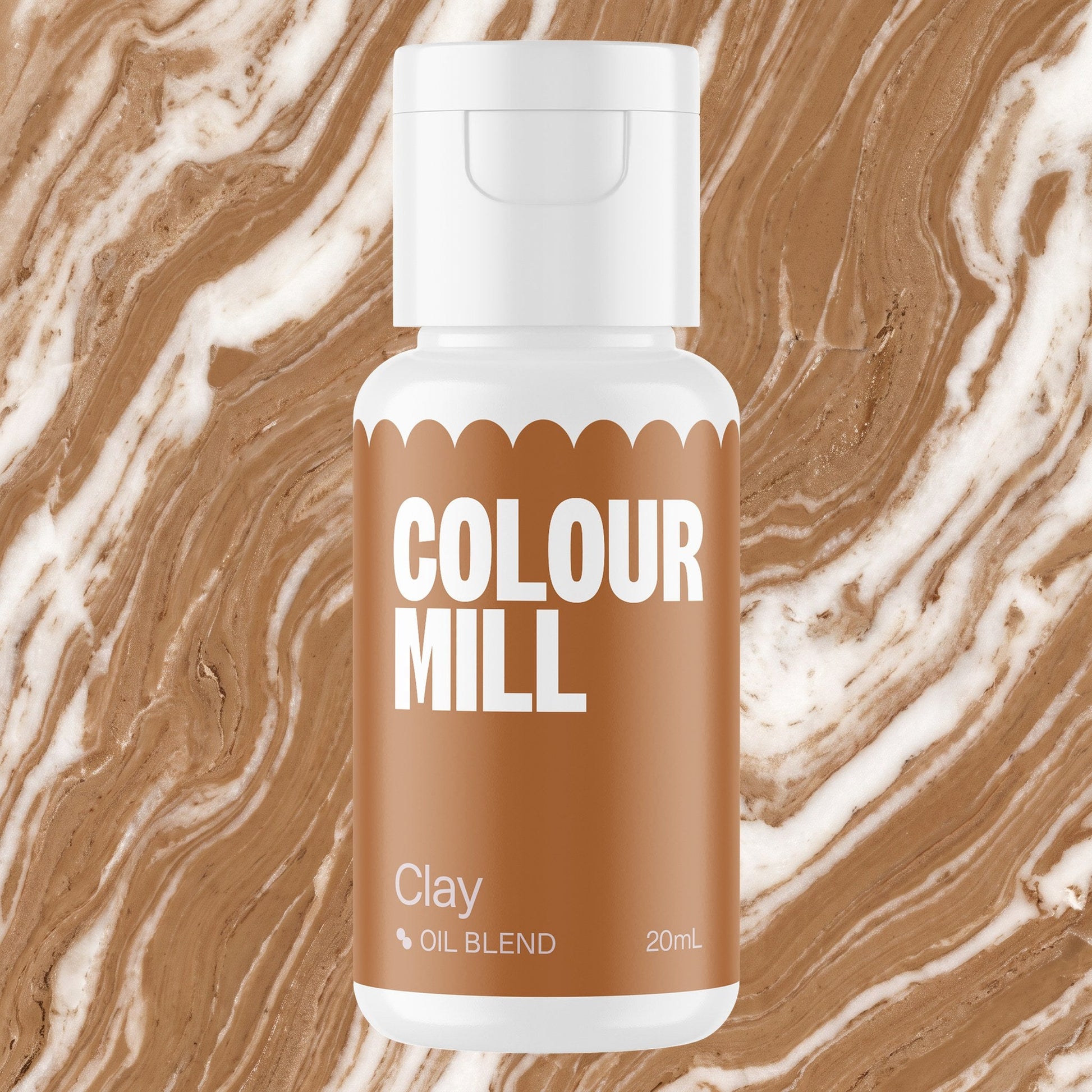 Colour Mill Clay 20ml oil based food coloring bottle on a marbled background