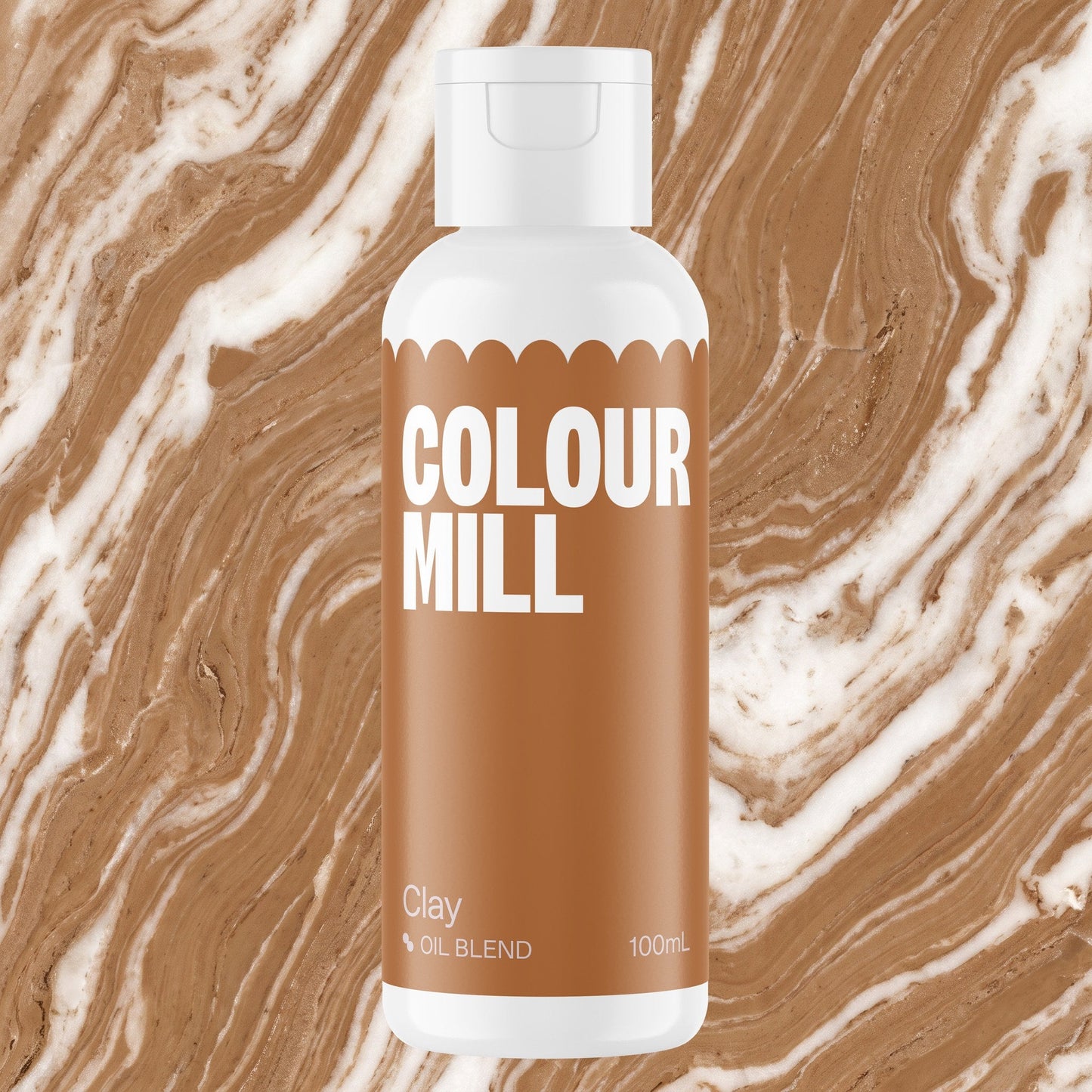 Colour Mill Clay 100ml oil based food coloring bottle on a marbled background