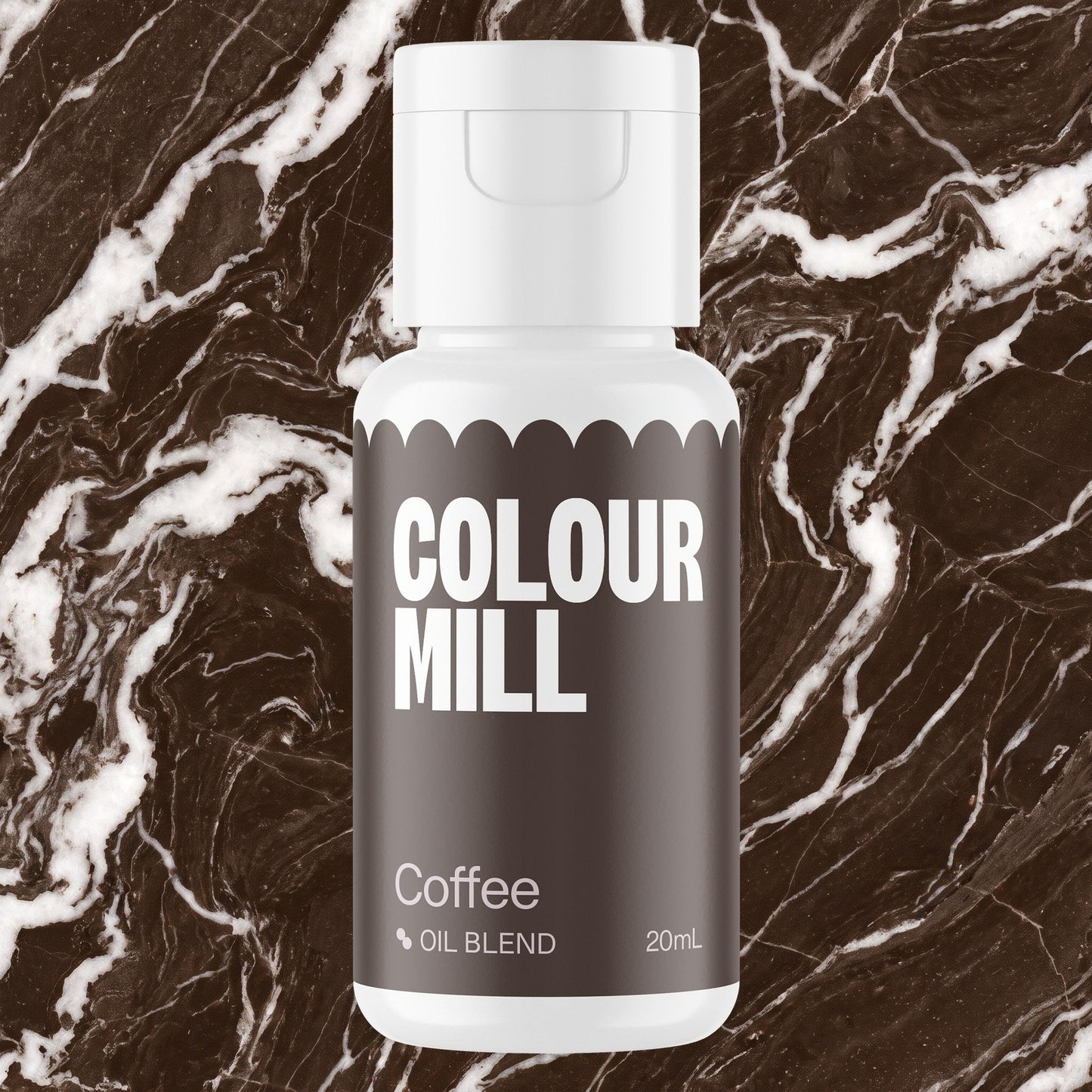 Colour Mill Coffee 20ml oil based food coloring bottle on a marbled background