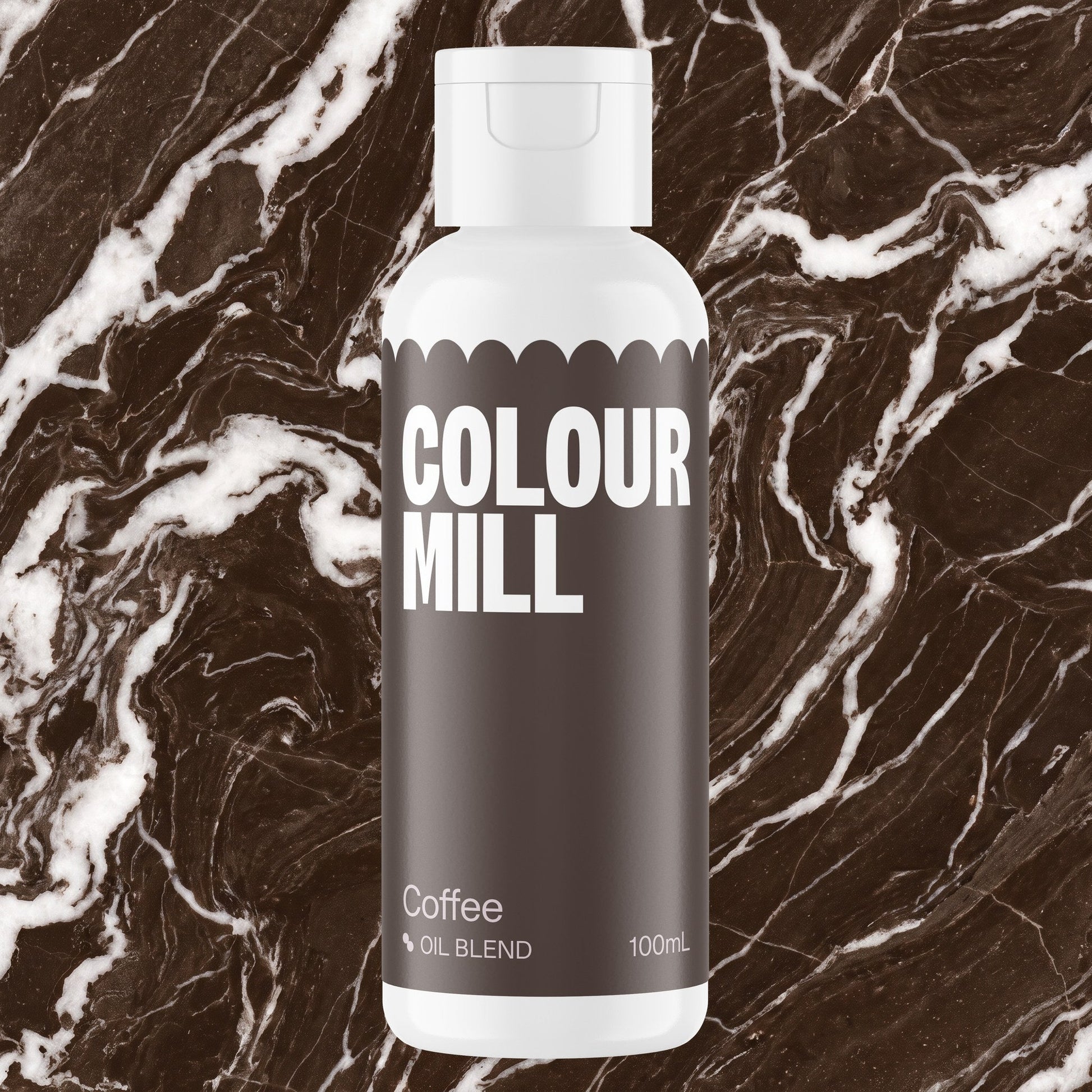 Colour Mill Coffee 100ml oil based food coloring bottle on a marbled background