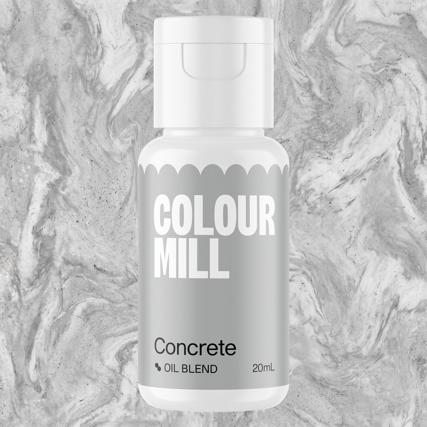 Colour Mill Concrete 20ml oil based food coloring bottle on a marbled background