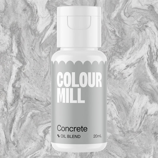Colour Mill Concrete 20ml oil based food coloring bottle on a marbled background