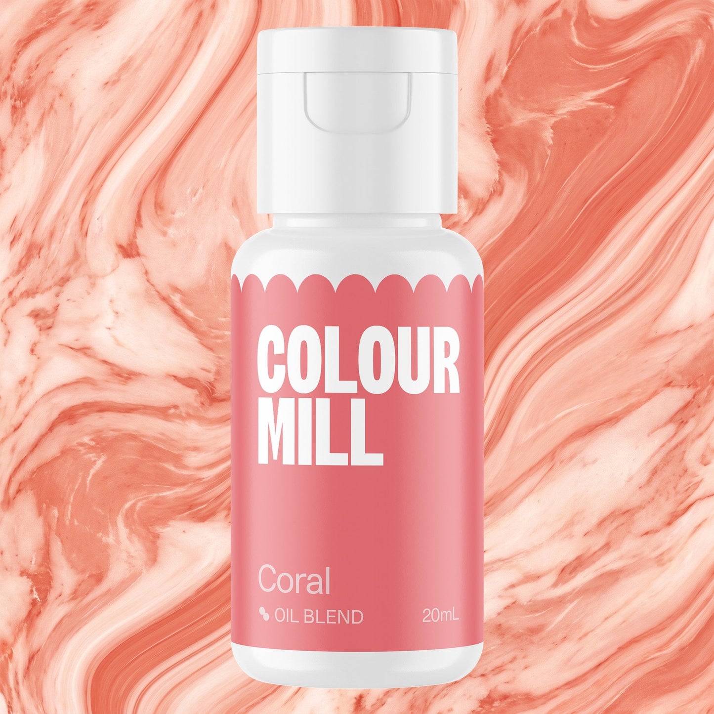 Colour Mill Coral 20ml oil based food coloring bottle on a marbled background