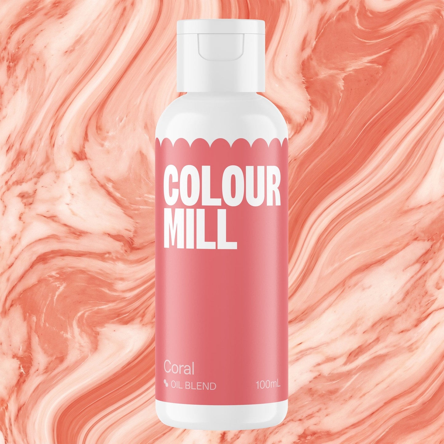 Colour Mill Coral 100ml oil based food coloring bottle on a marbled background