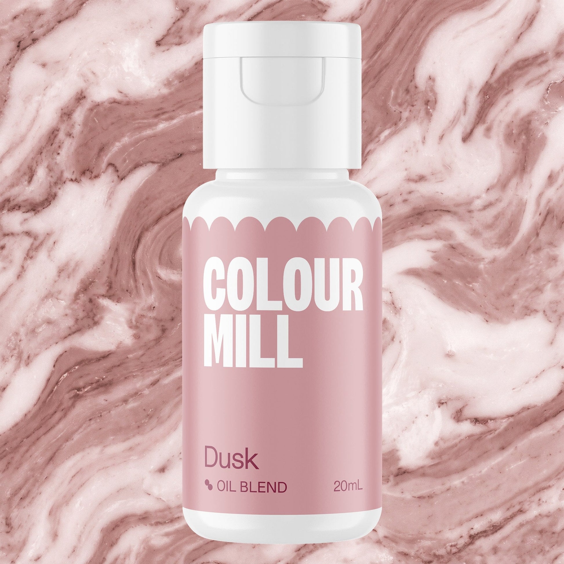 Colour Mill Dusk 20ml oil based food coloring bottle on a marbled background