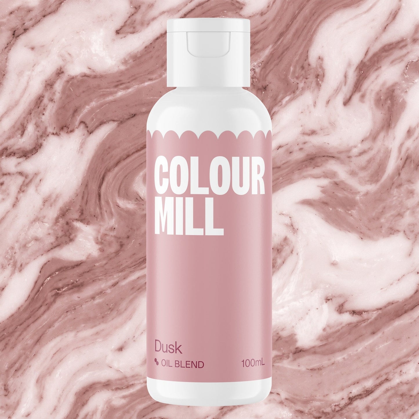 Colour Mill Dusk 100ml oil based food coloring bottle on a marbled background