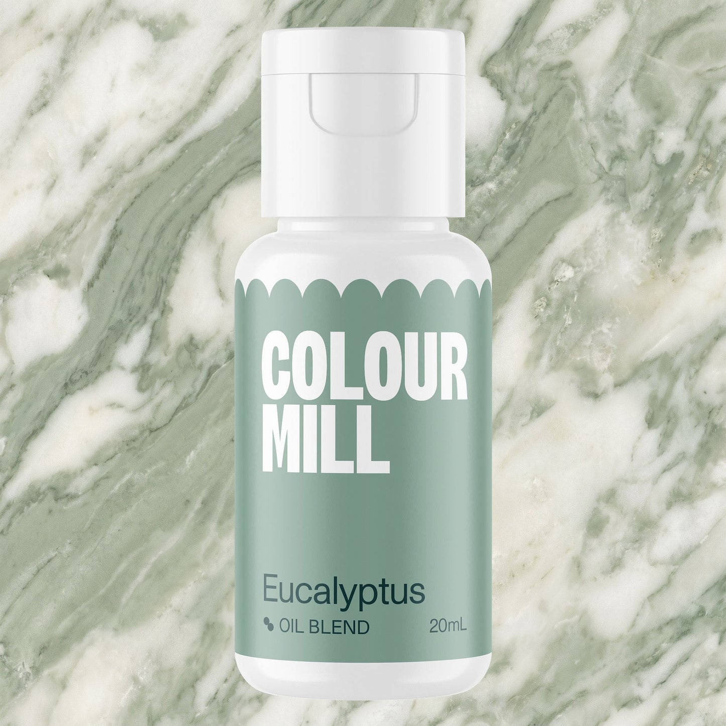 Colour Mill Eucalyptus 20ml oil based food coloring bottle on a marbled background