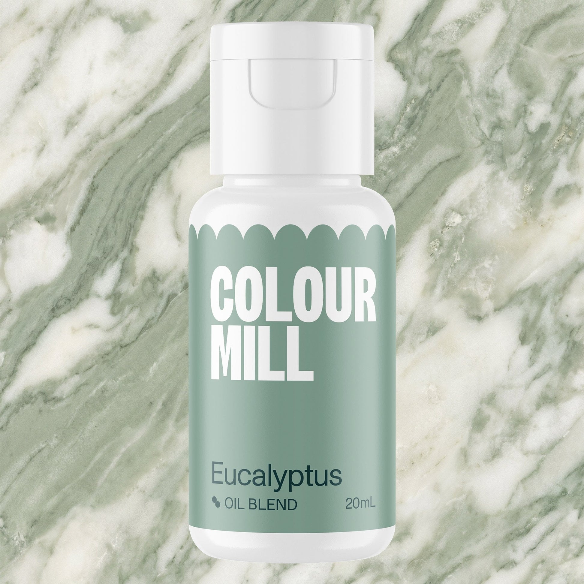 Colour Mill Eucalyptus 20ml oil based food coloring bottle on a marbled background