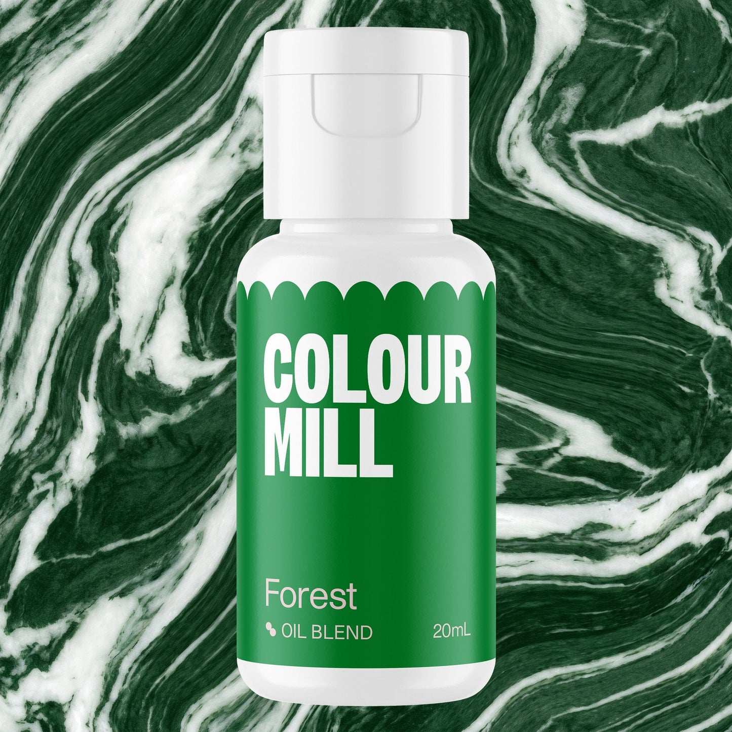 Colour Mill Forest 20ml oil based food coloring bottle on a marbled background