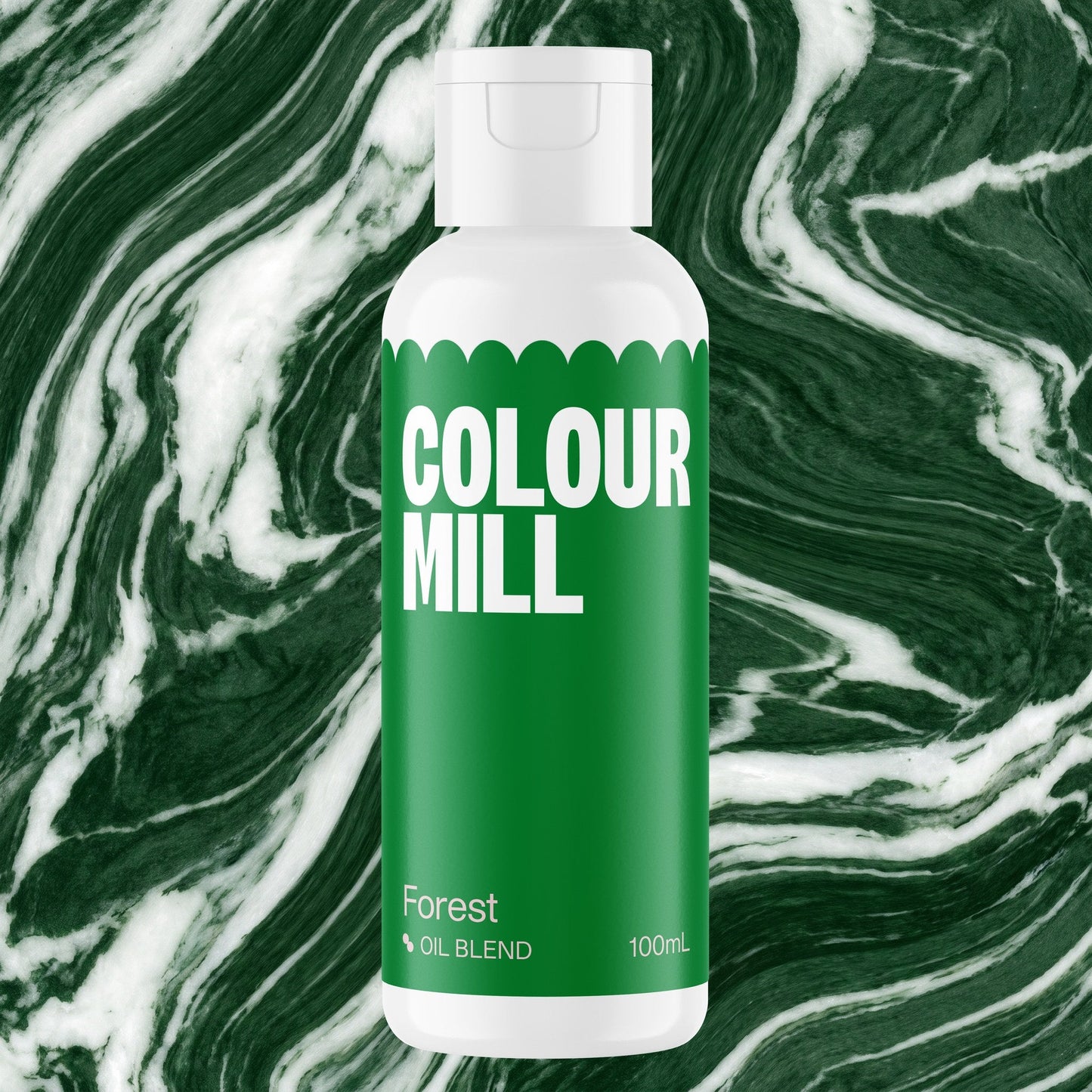 Colour Mill Forest 100ml oil based food coloring bottle on a marbled background