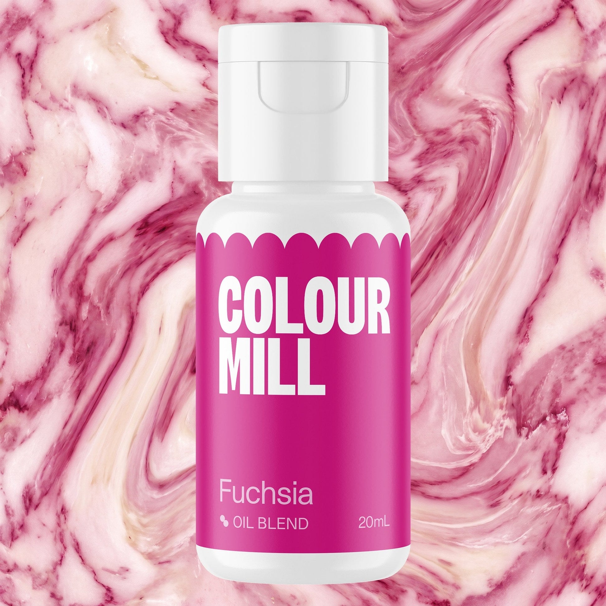 Colour Mill Fuchsia 20ml oil based food coloring bottle on a marbled background