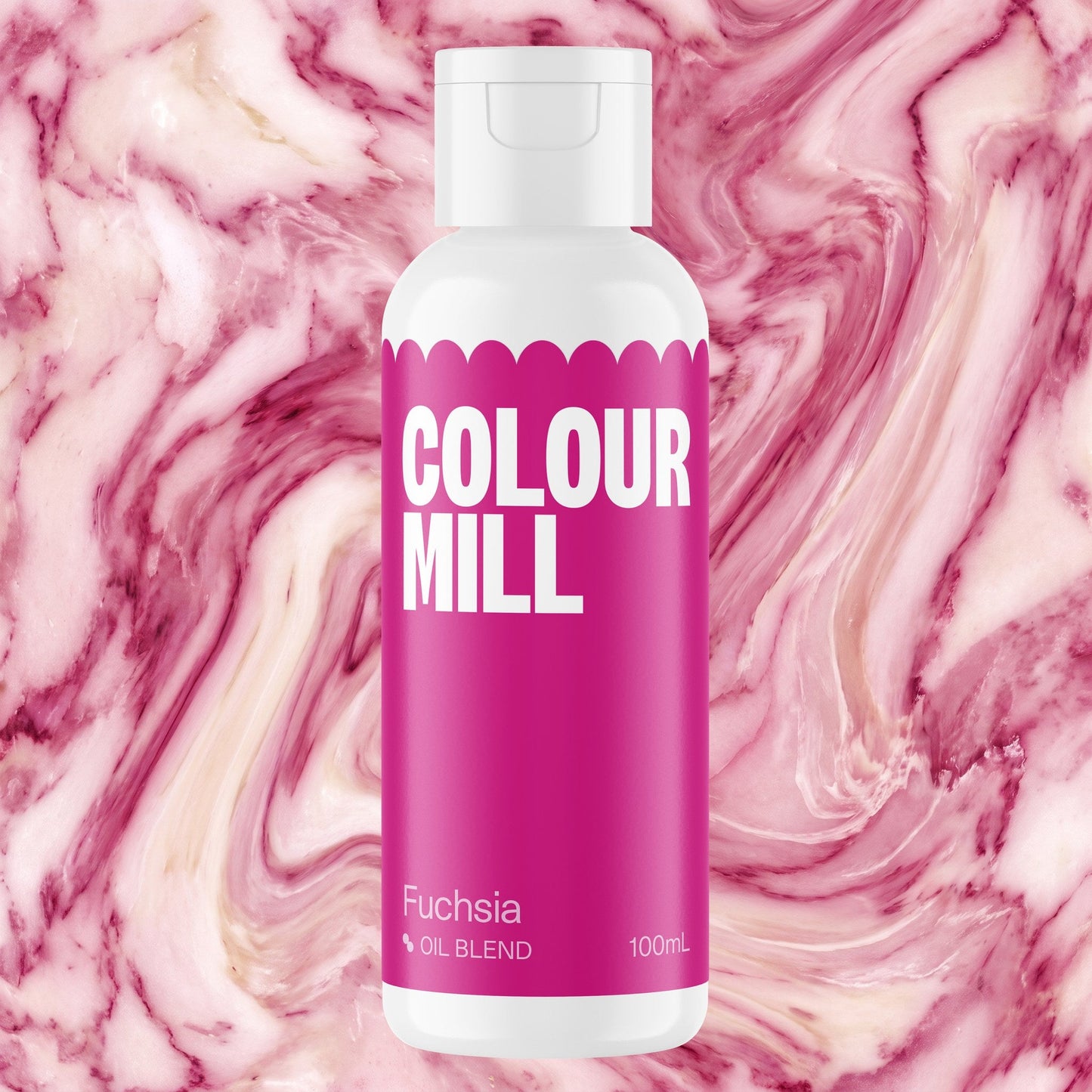 Colour Mill Fuchsia 100ml oil based food coloring bottle on a marbled background