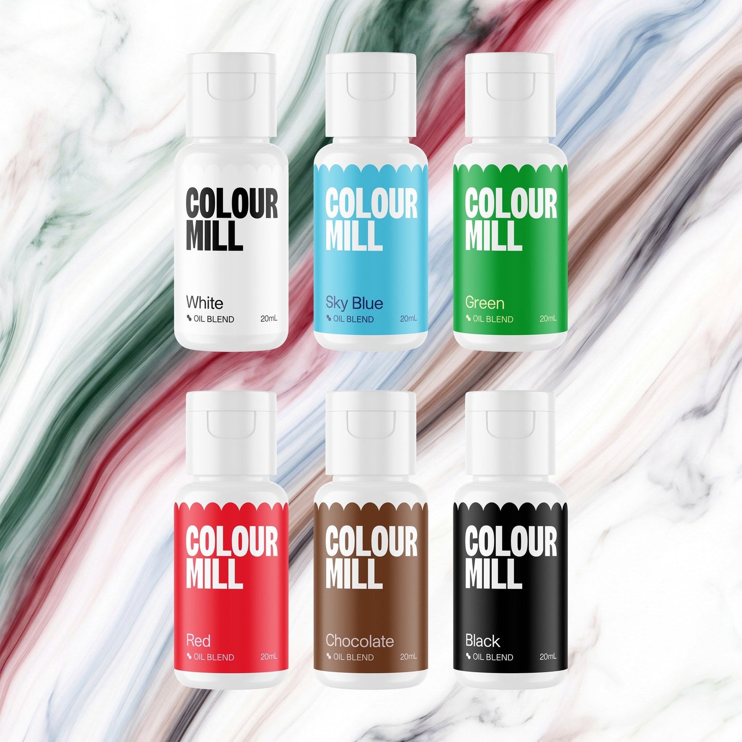 Colour Mill Holiday Pack of 6 20ml oil based food coloring bottles on a soft holiday watercolour marble background