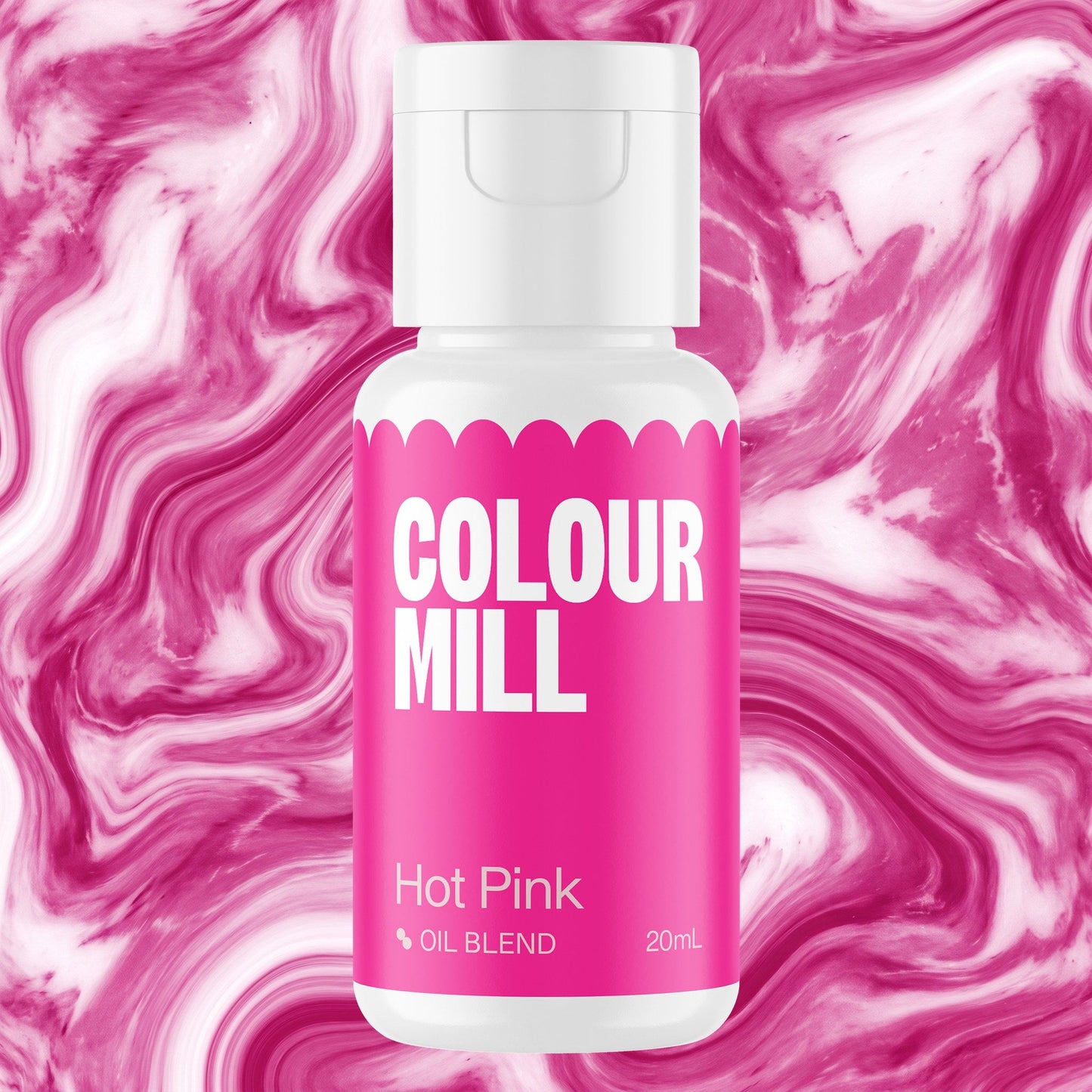Colour Mill Hot Pink 20ml oil based food coloring bottle on a marbled background