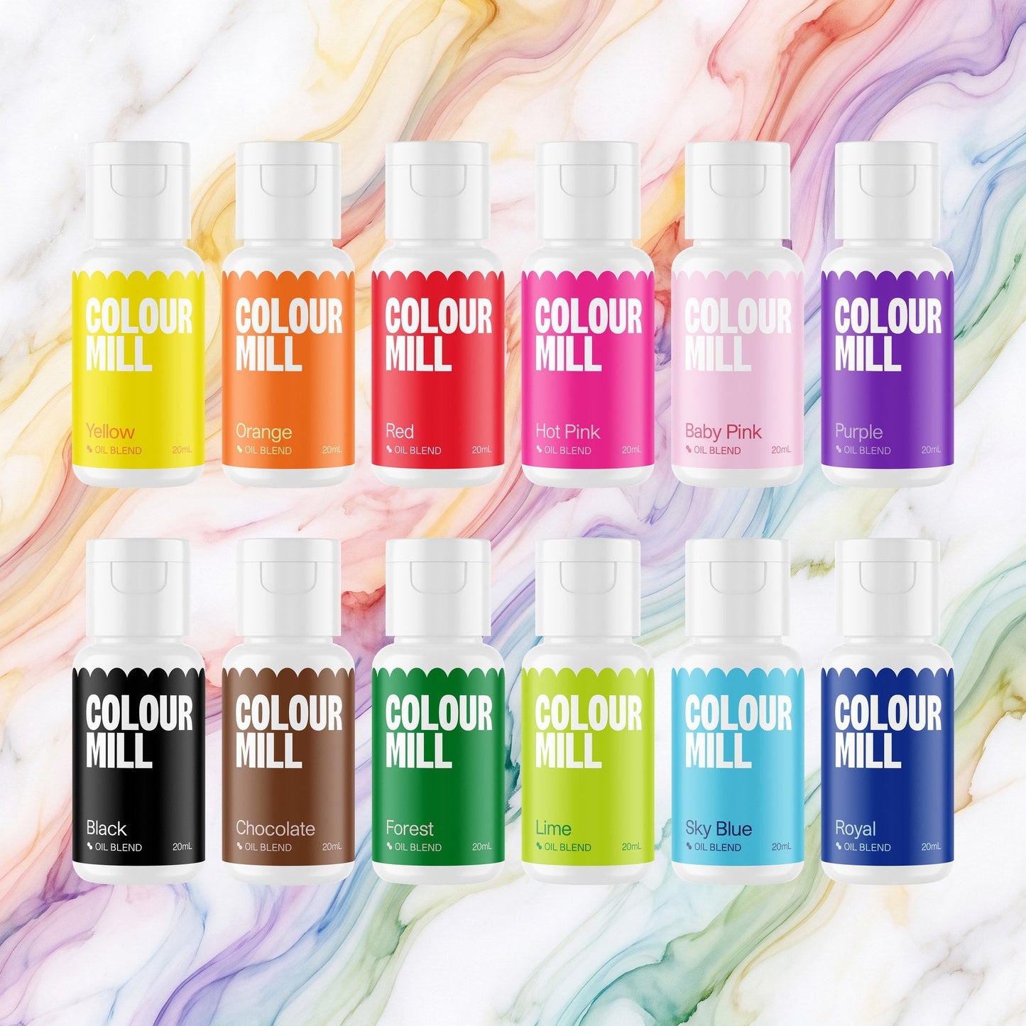 Colour Mill Kickstarter Pack of 12 20ml oil based food coloring bottles on a soft rainbow watercolour marble background