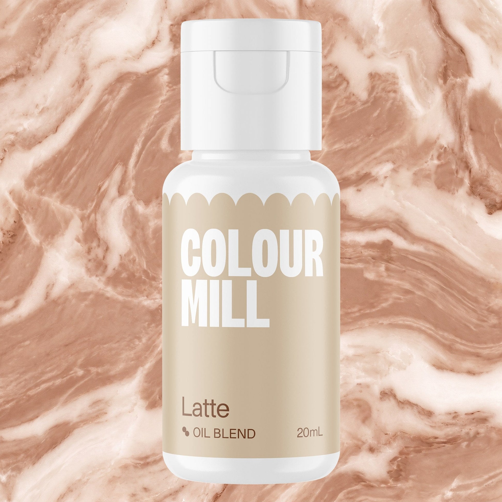 Colour Mill Latte 20ml oil based food coloring bottle on a marbled background