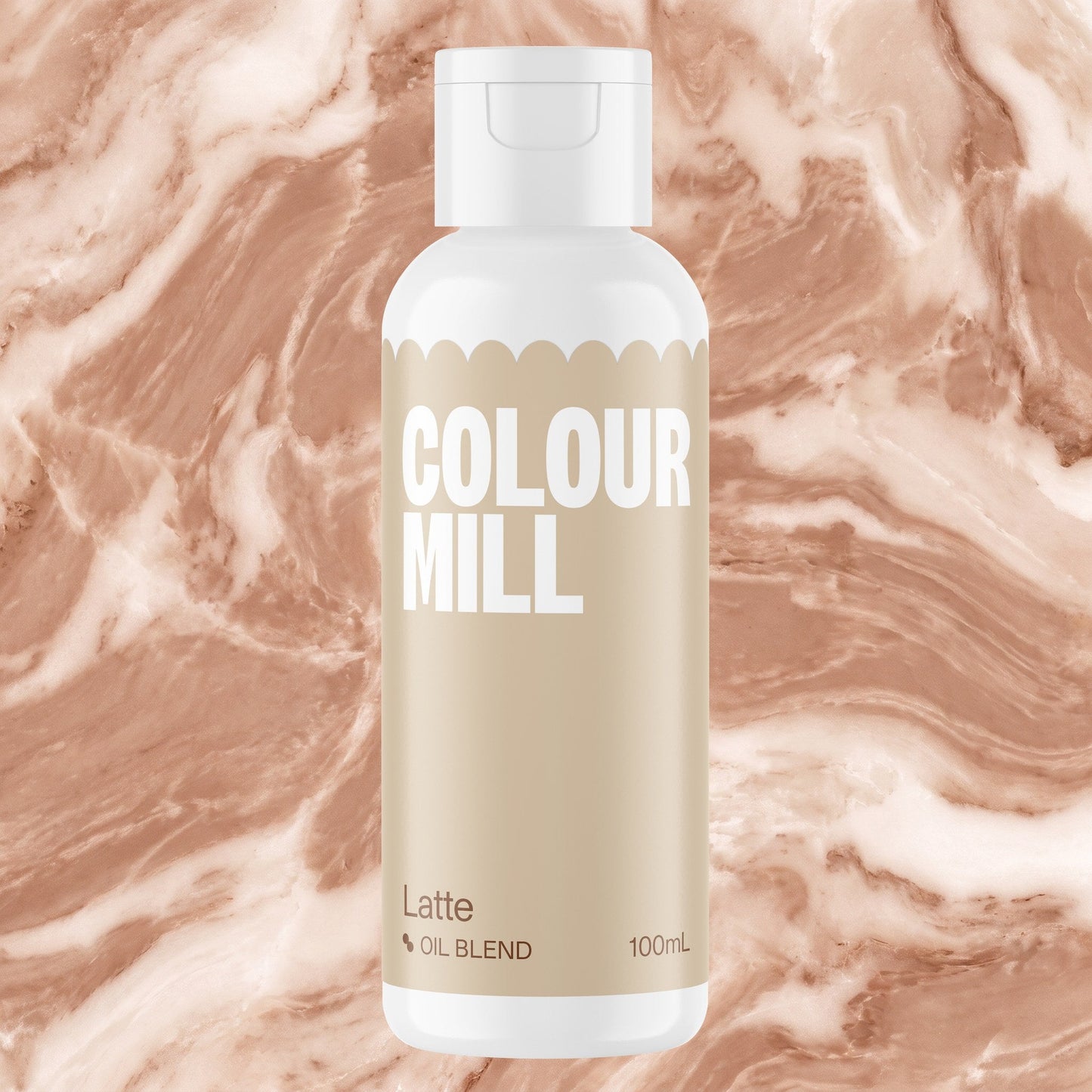 Colour Mill Latte 100ml oil based food coloring bottle on a marbled background