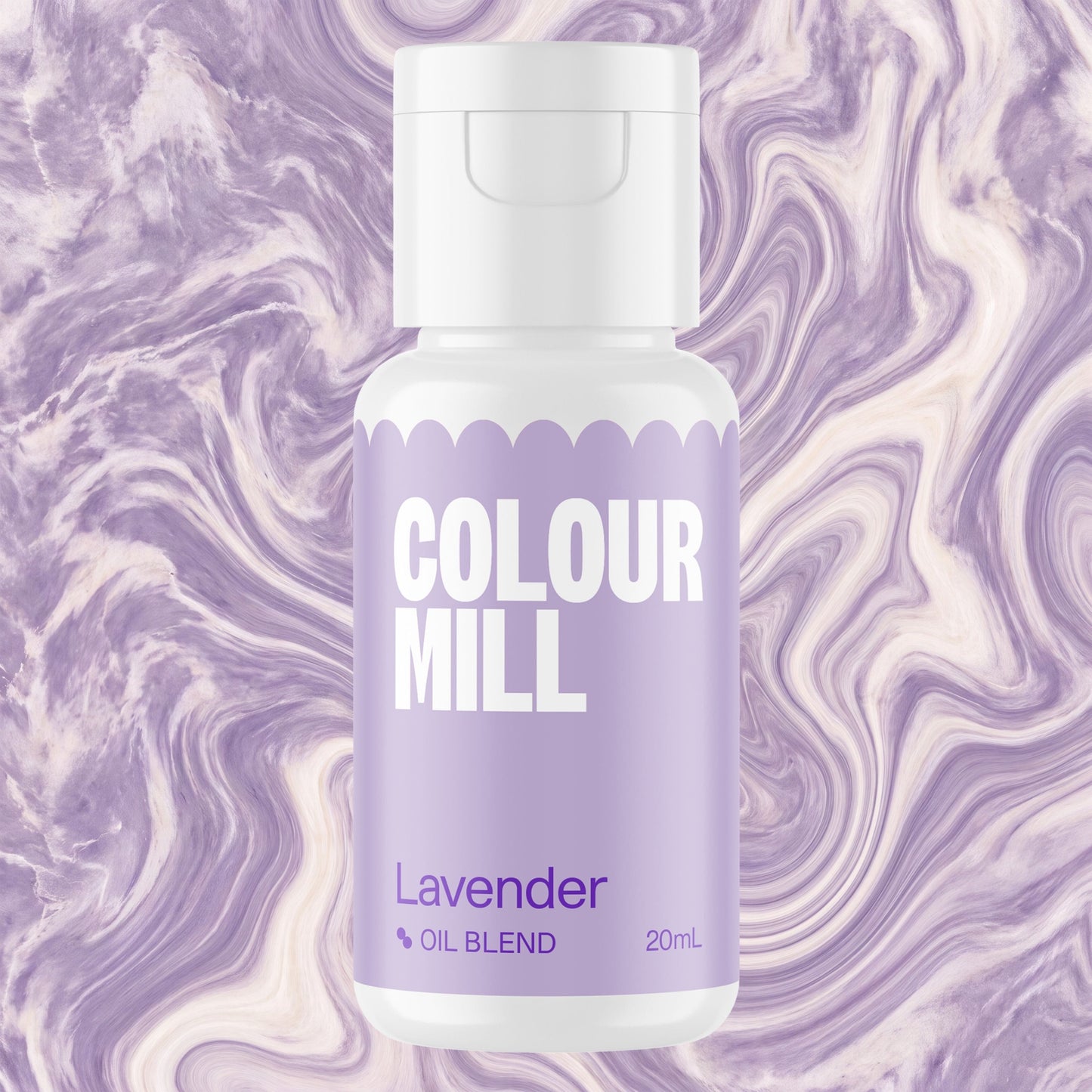 Colour Mill Lavender oil-based food coloring bottle on a marbled background