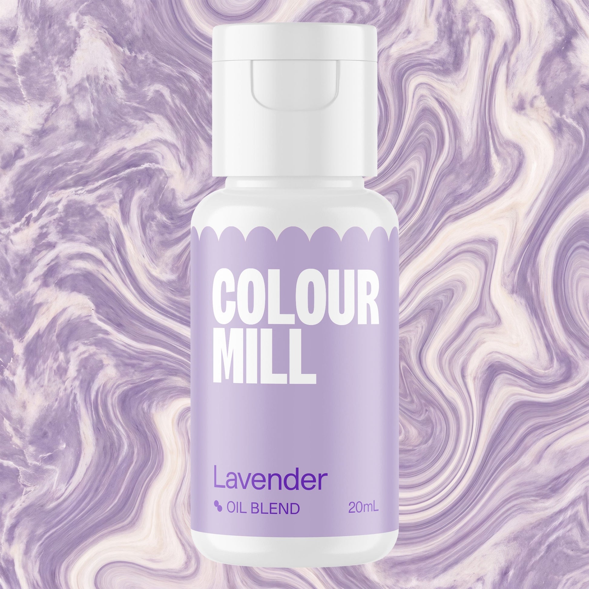 Colour Mill Lavender oil-based food coloring bottle on a marbled background
