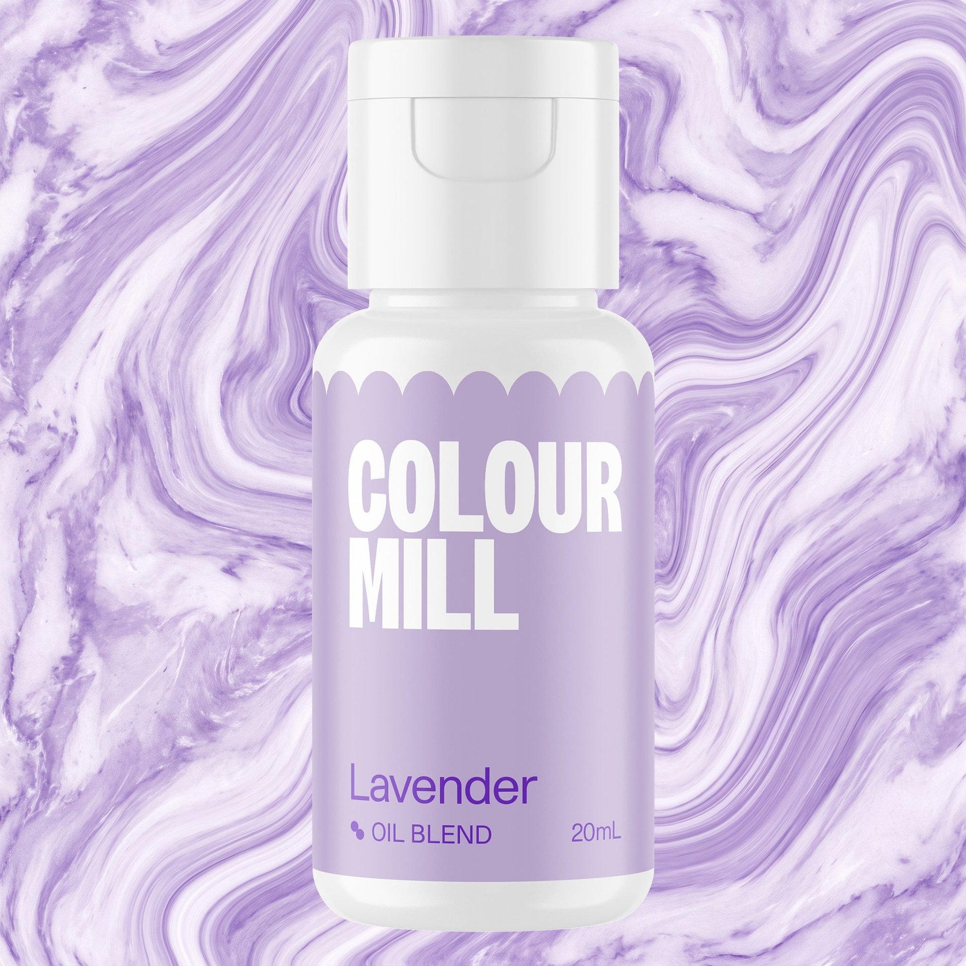 Colour Mill Lavender 20ml oil based food coloring bottle on a marbled background