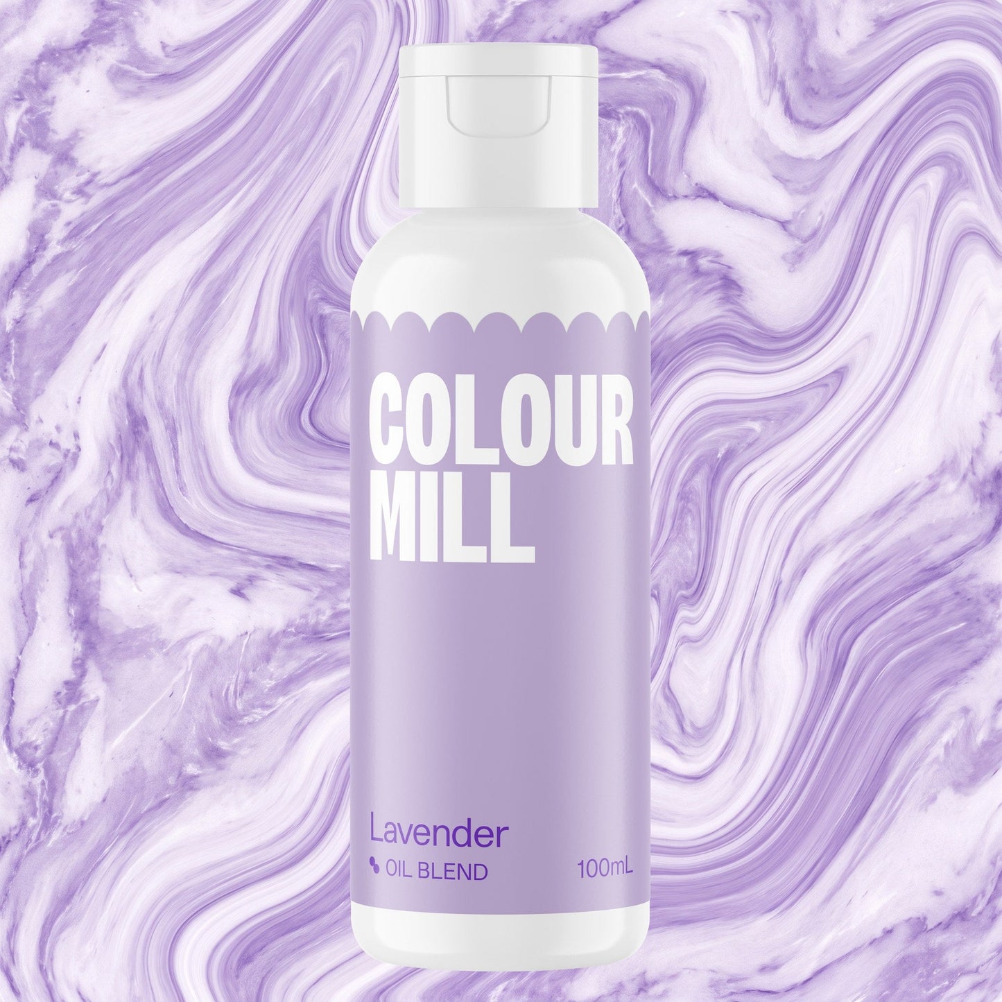 Colour Mill Lavender 100ml oil based food coloring bottle on a marbled background