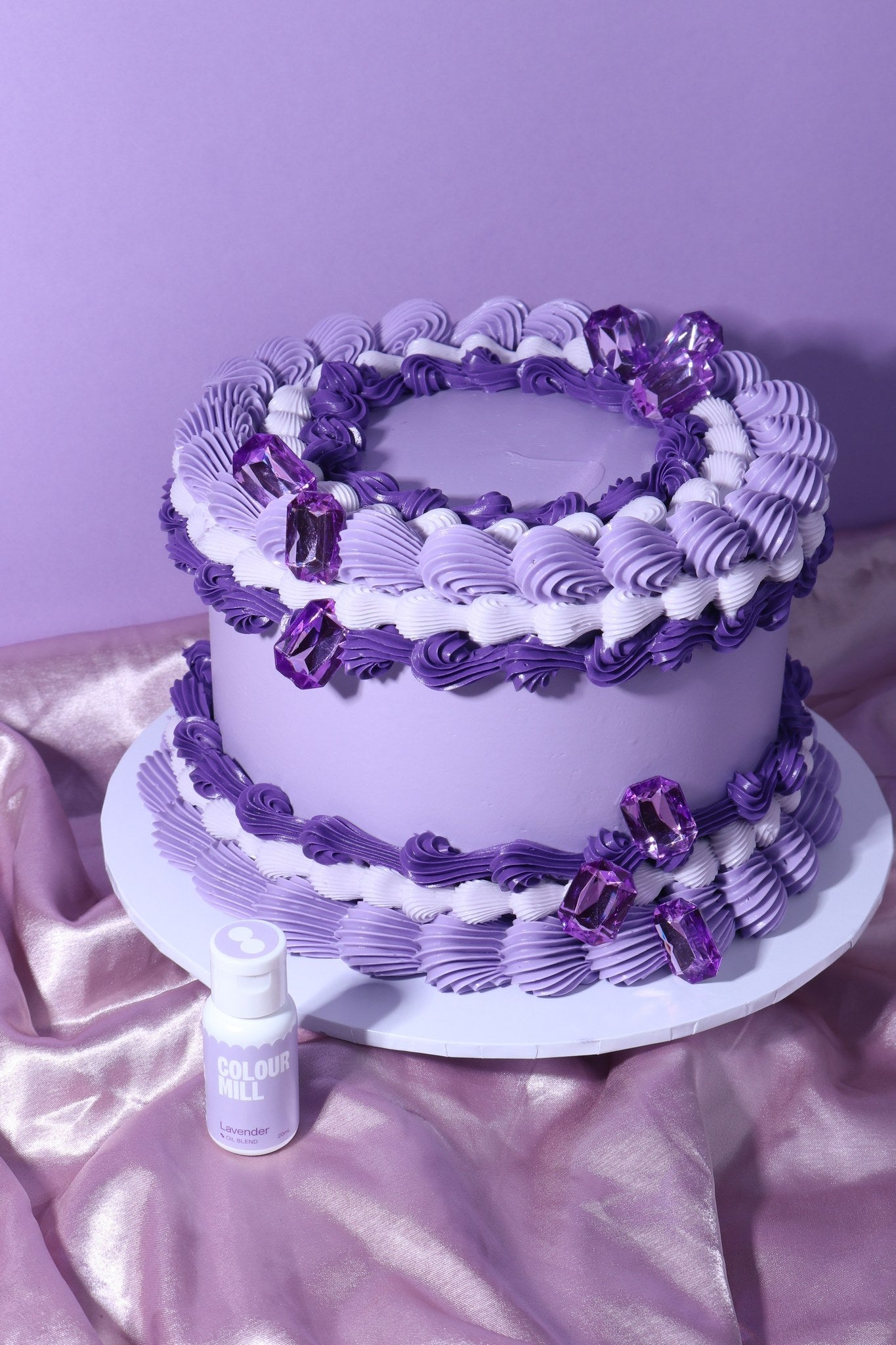 Cake decorated with buttercream colored using Colour Mill Lavender oil based food coloring