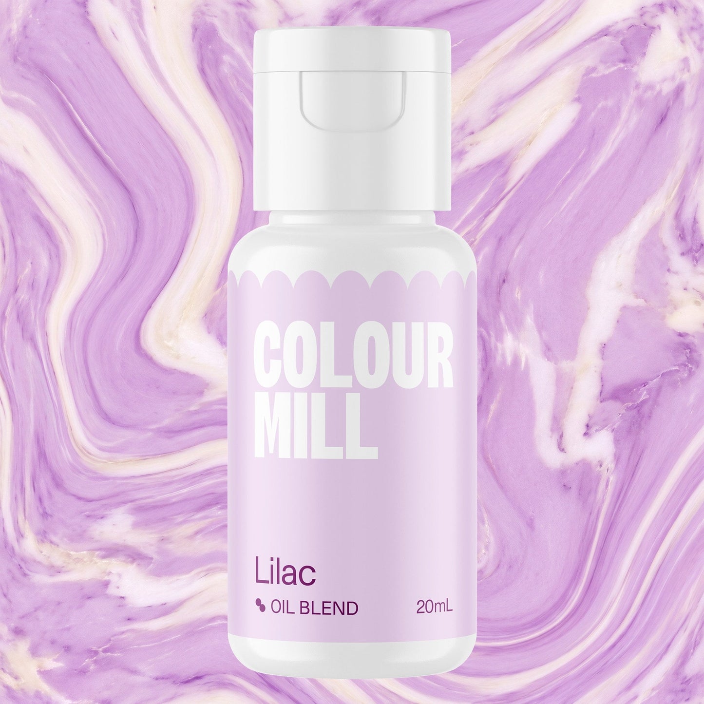 Colour Mill Lilac 20ml oil based food coloring bottle on a marbled background