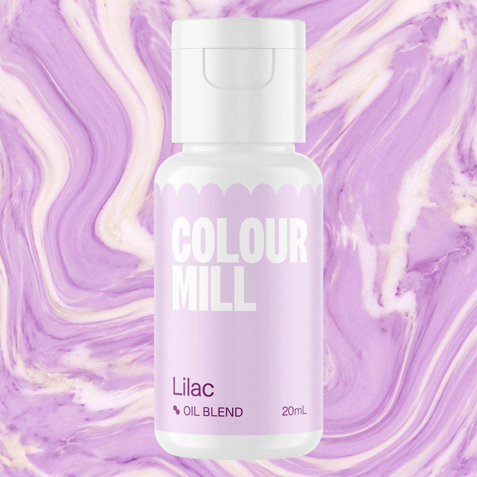 Colour Mill Lilac 20ml oil based food coloring bottle on a marbled background