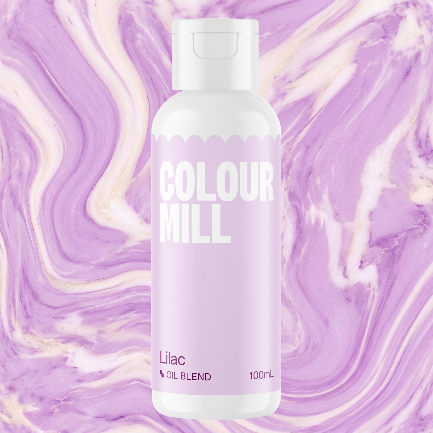 Colour Mill Lilac 100ml oil based food coloring bottle on a marbled background
