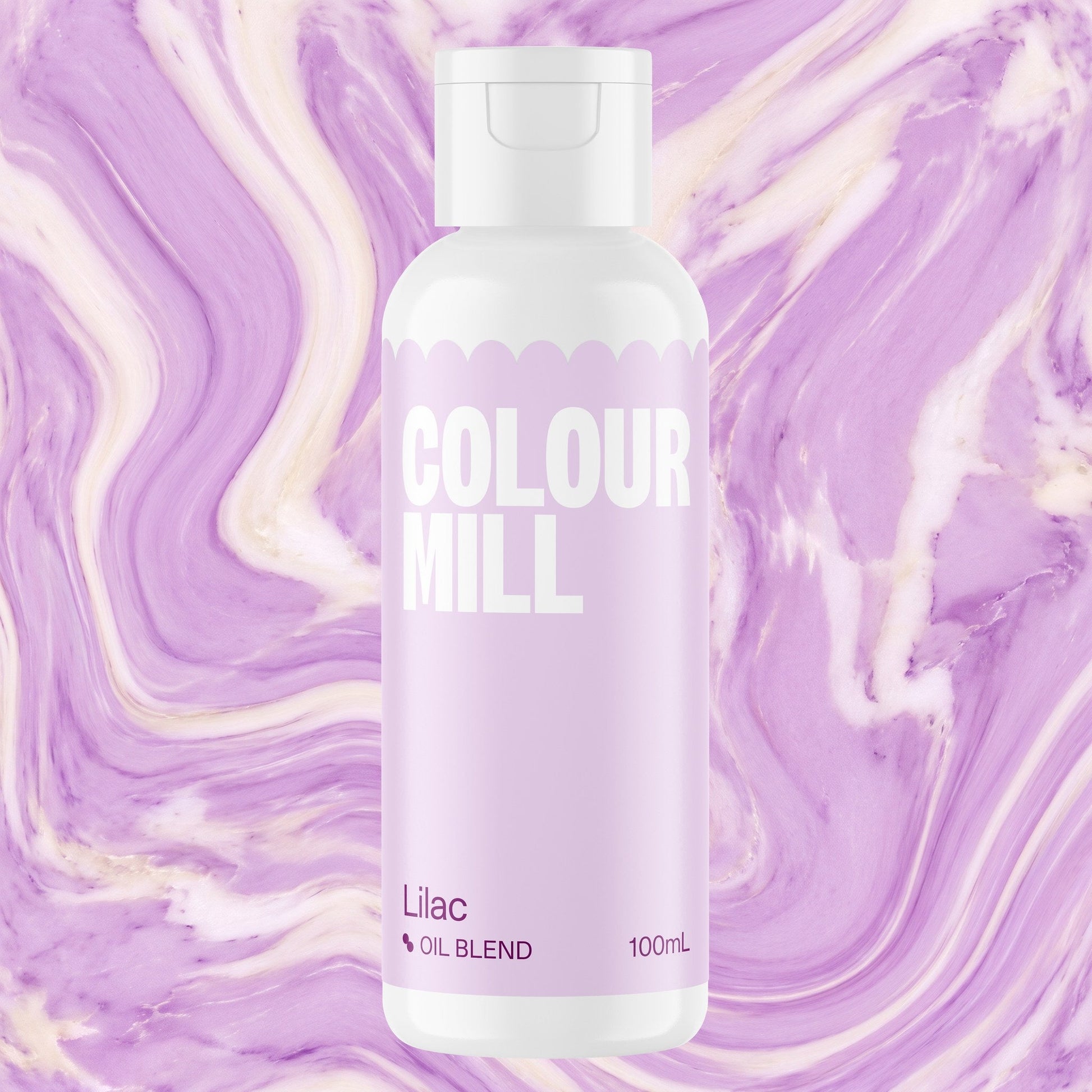 Colour Mill Lilac 100ml oil based food coloring bottle on a marbled background