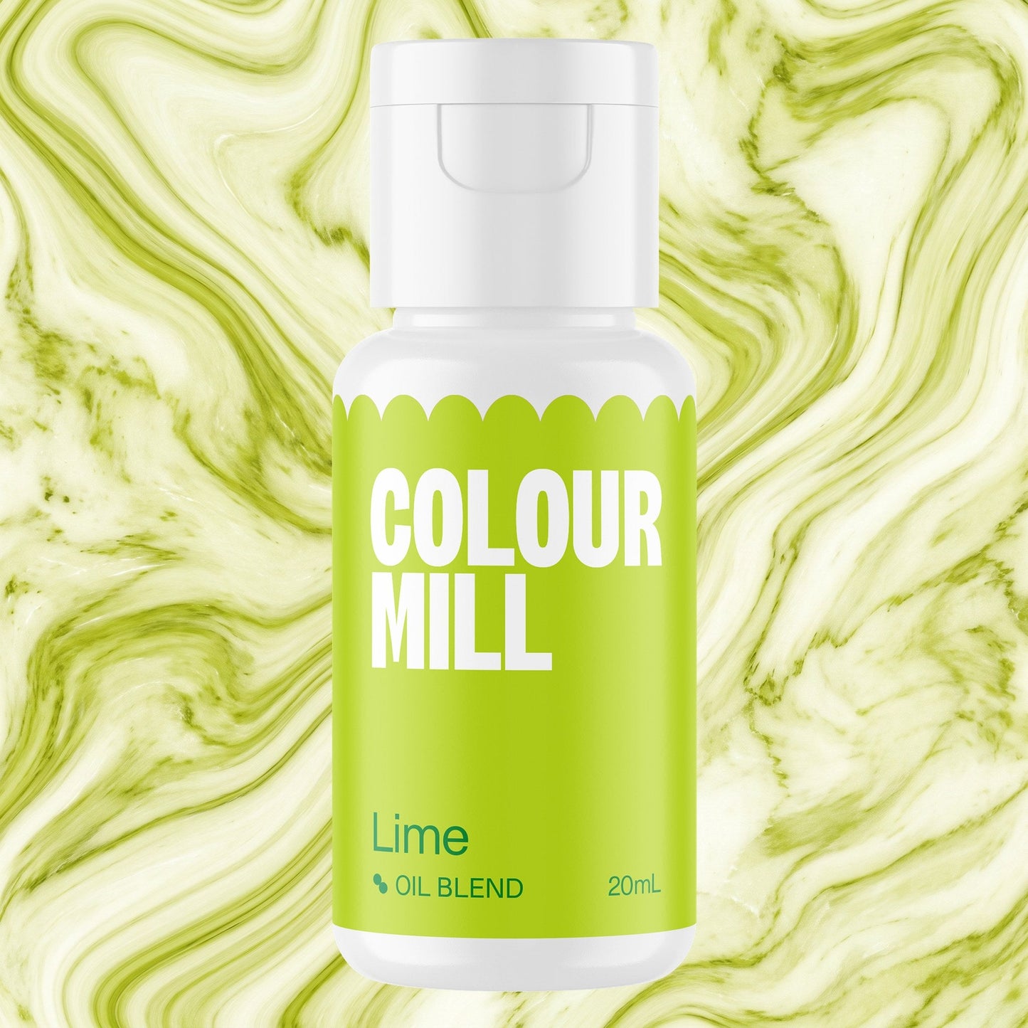 Colour Mill Lime 20ml oil based food coloring bottle on a marbled background