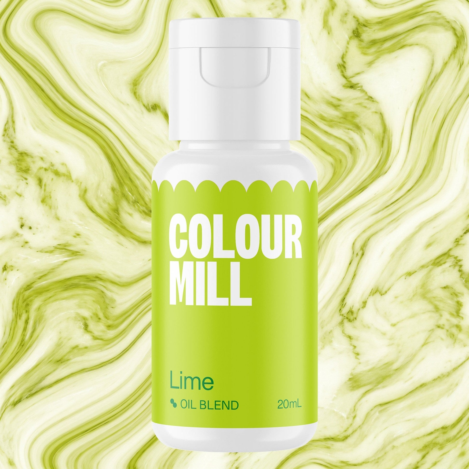 Colour Mill Lime 20ml oil based food coloring bottle on a marbled background