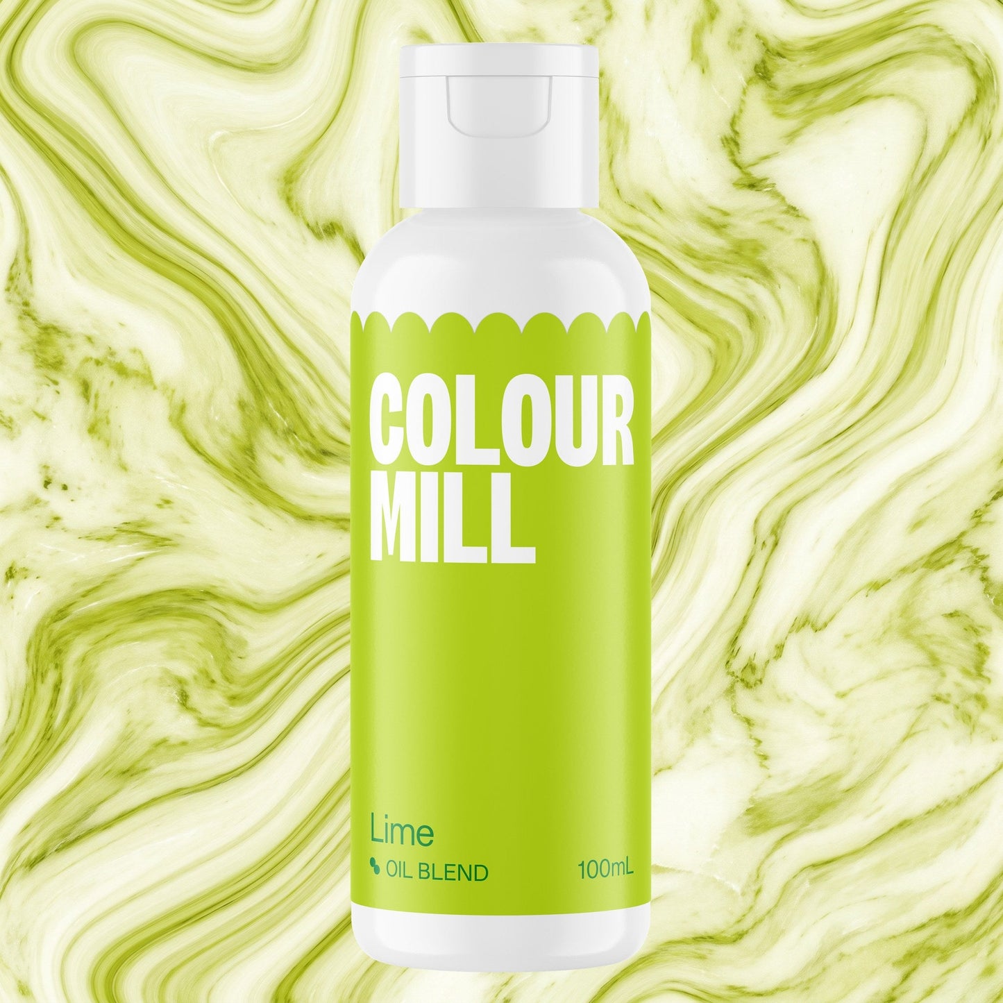 Colour Mill Lime 100ml oil based food coloring bottle on a marbled background