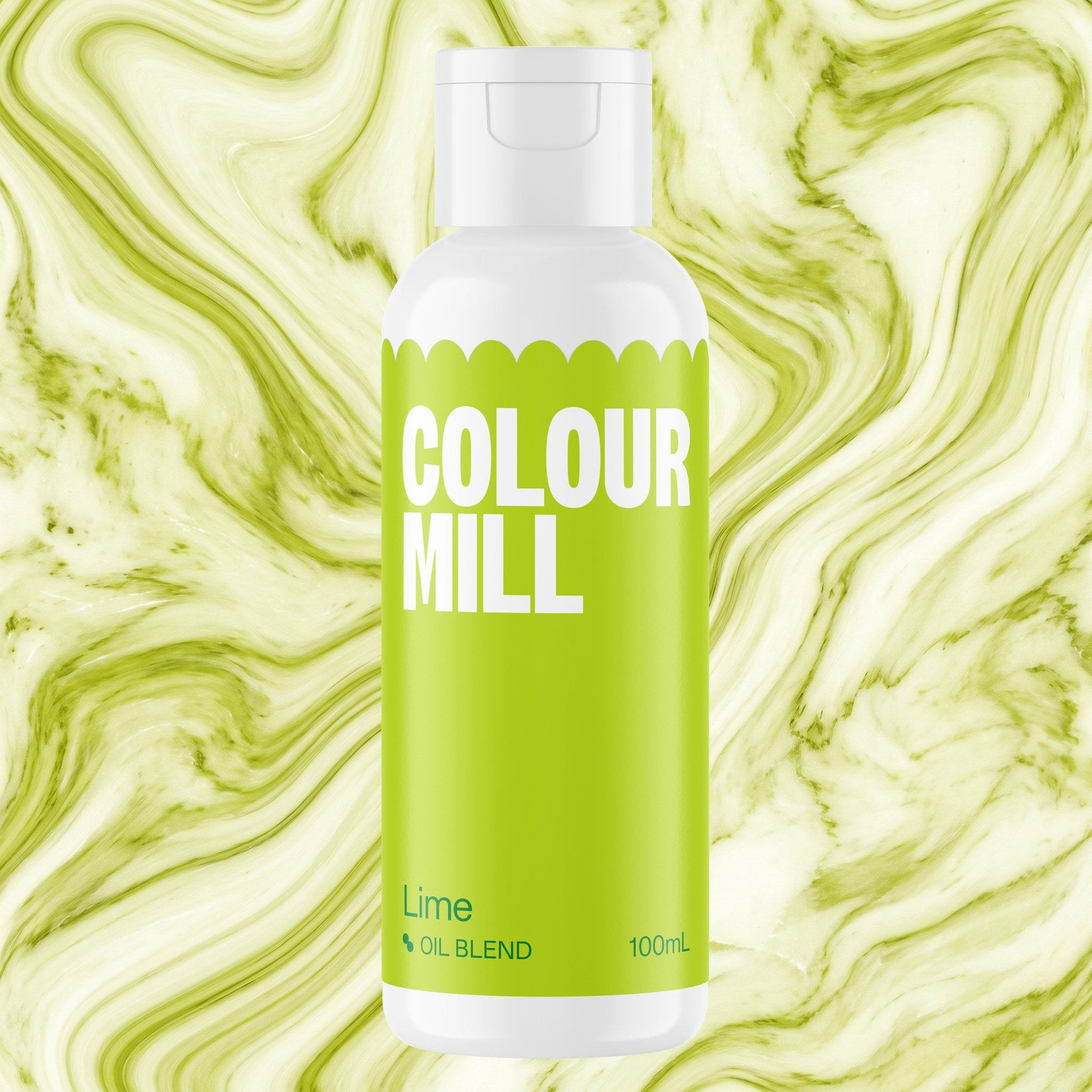 Colour Mill Lime 100ml oil based food coloring bottle on a marbled background