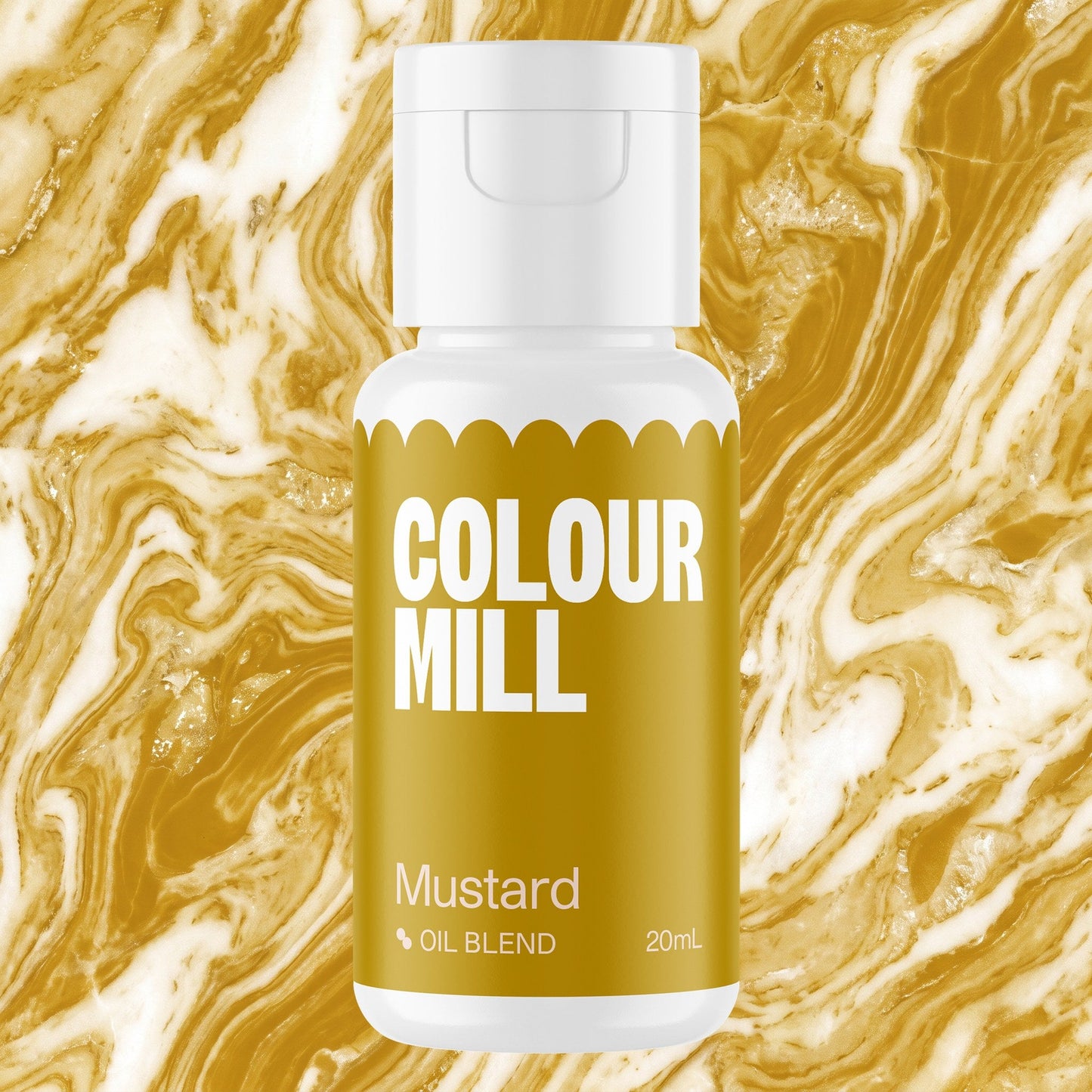 Colour Mill Mustard 20ml oil based food coloring bottle on a marbled background