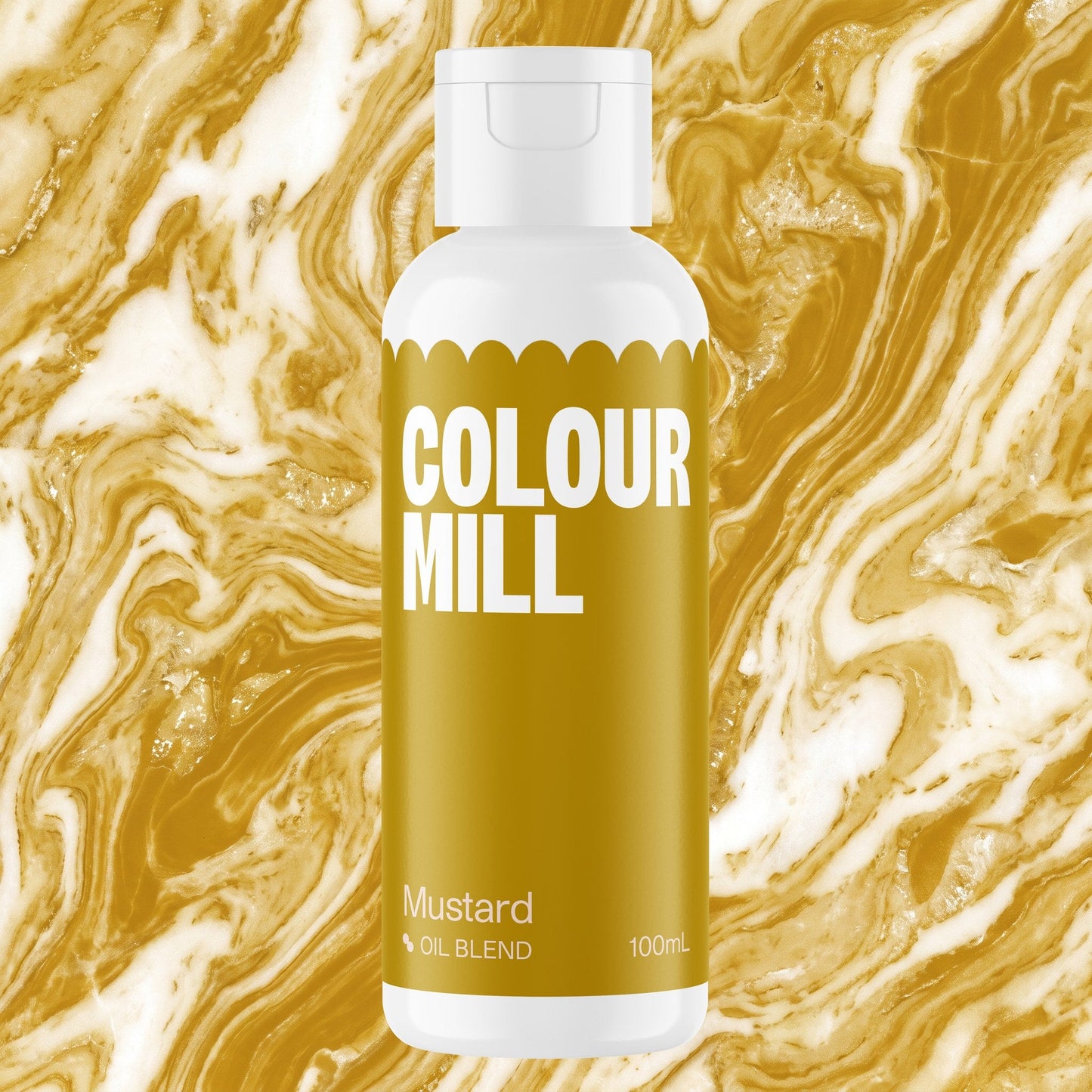 Colour Mill Mustard 100ml oil based food coloring bottle on a marbled background