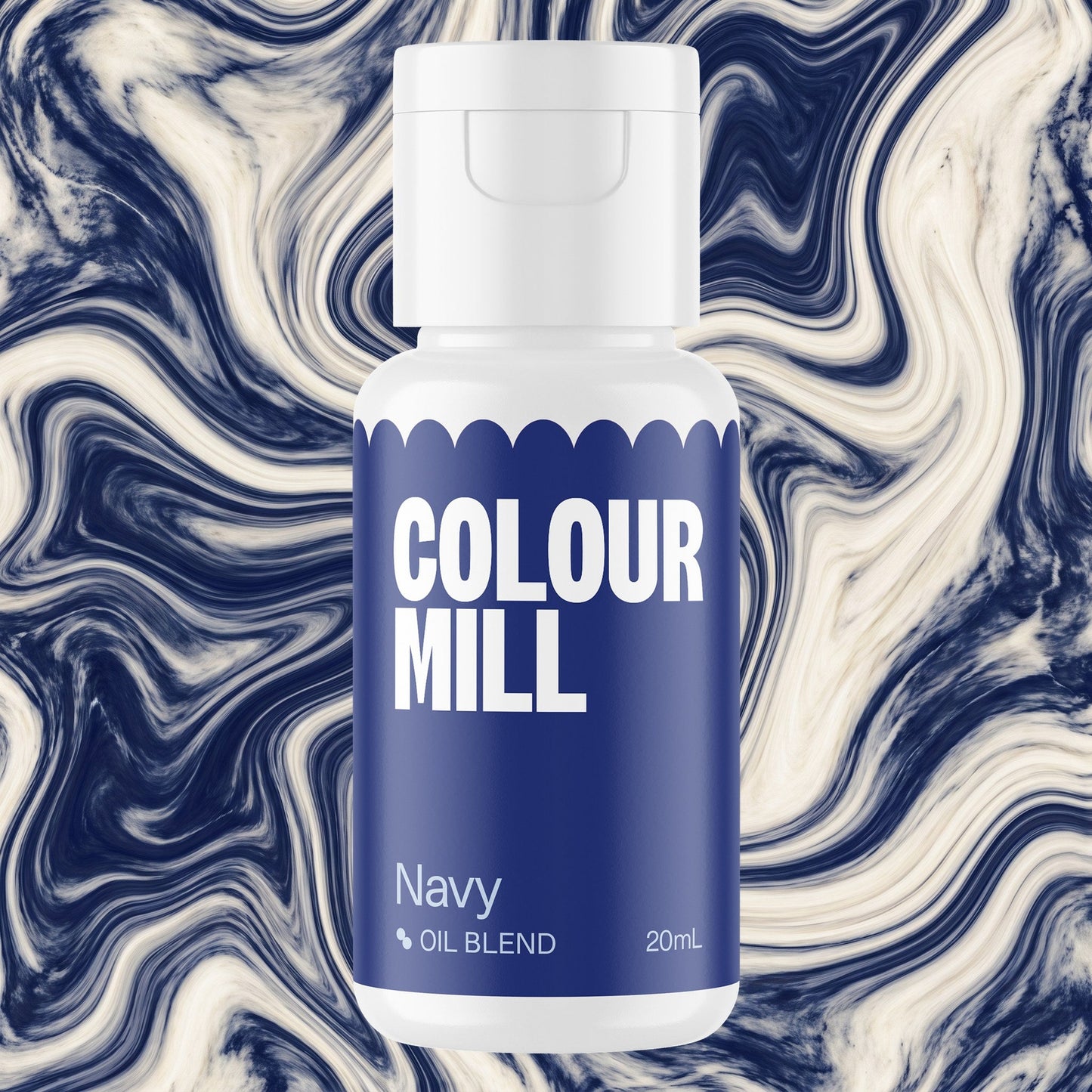 Colour Mill Navy 20ml oil based food coloring bottle on a marbled background