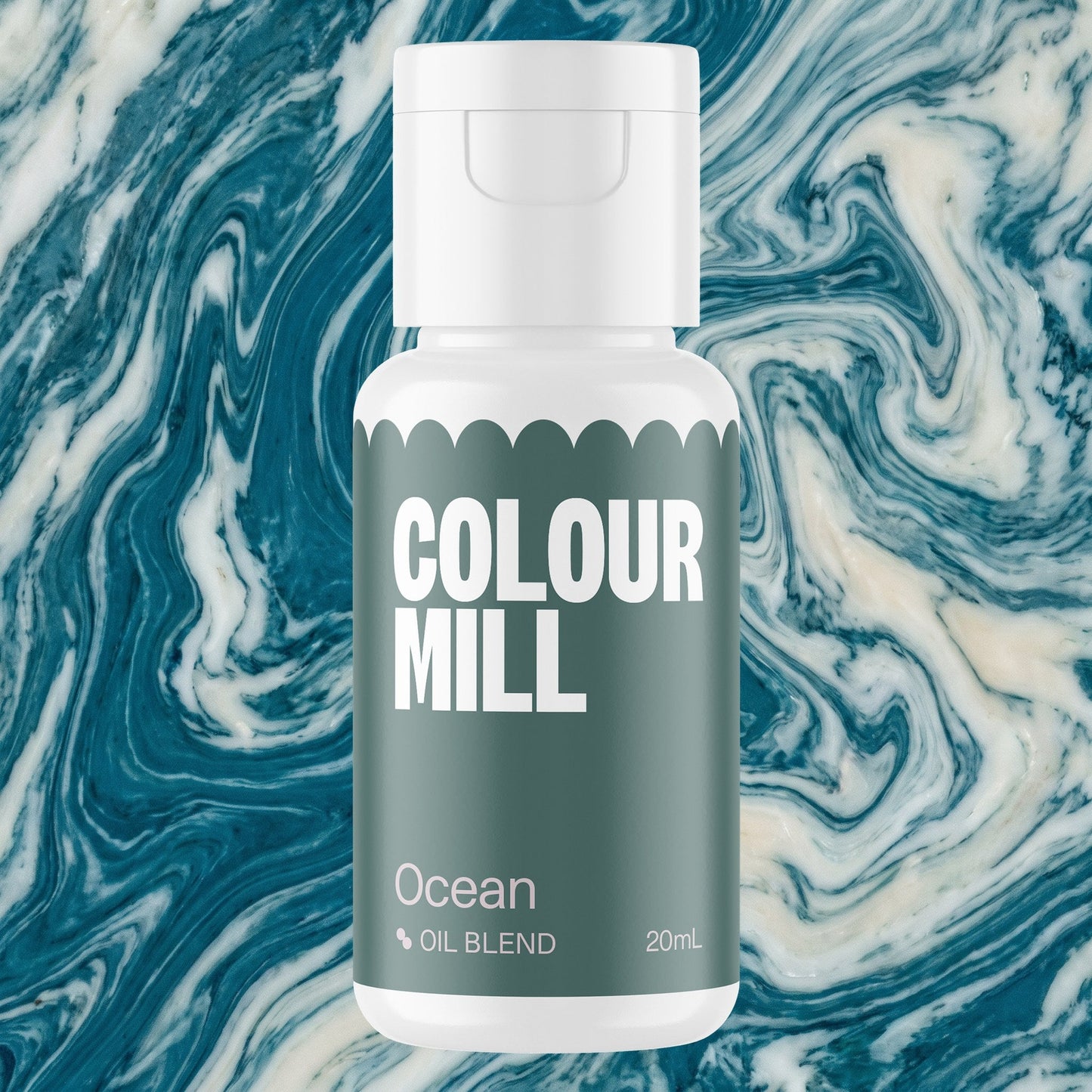 Colour Mill Ocean 20ml oil based food coloring bottle on a marbled background