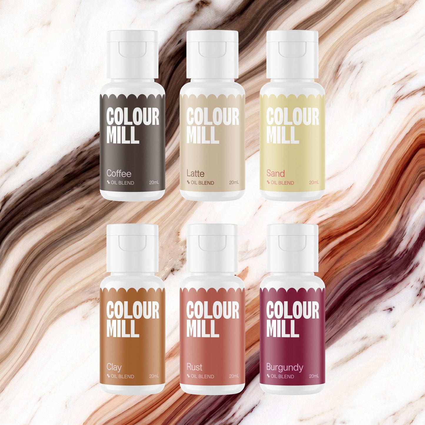Colour Mill Outback Pack of 6 20ml oil based food coloring bottles on a soft outback watercolour marble background