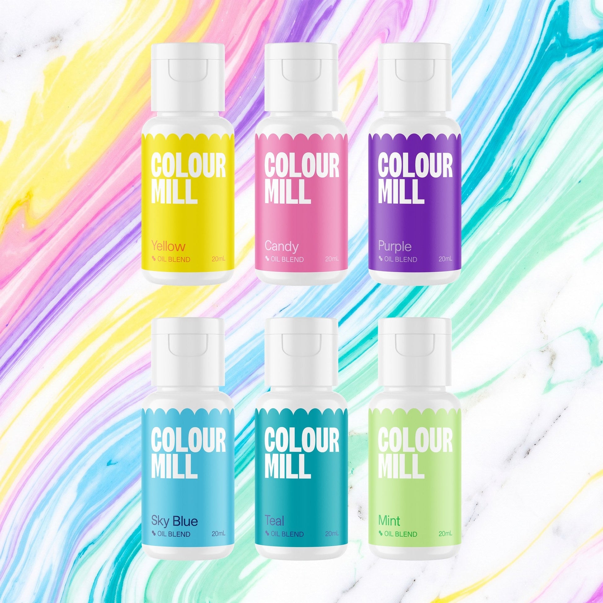 Colour Mill Pool Party Pack of 6 20ml oil based food coloring bottles on a soft pool party watercolour marble background