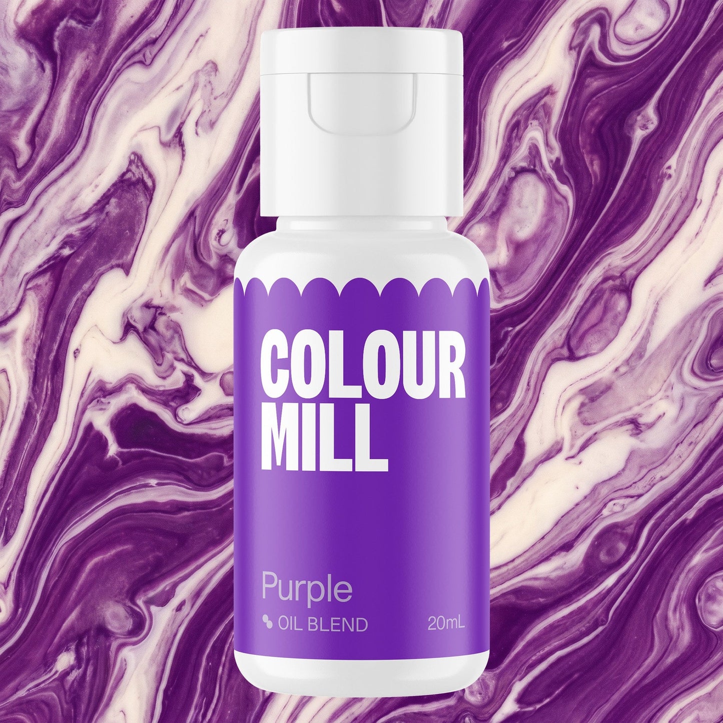 Colour Mill Purple 20ml oil based food coloring bottle on a marbled background