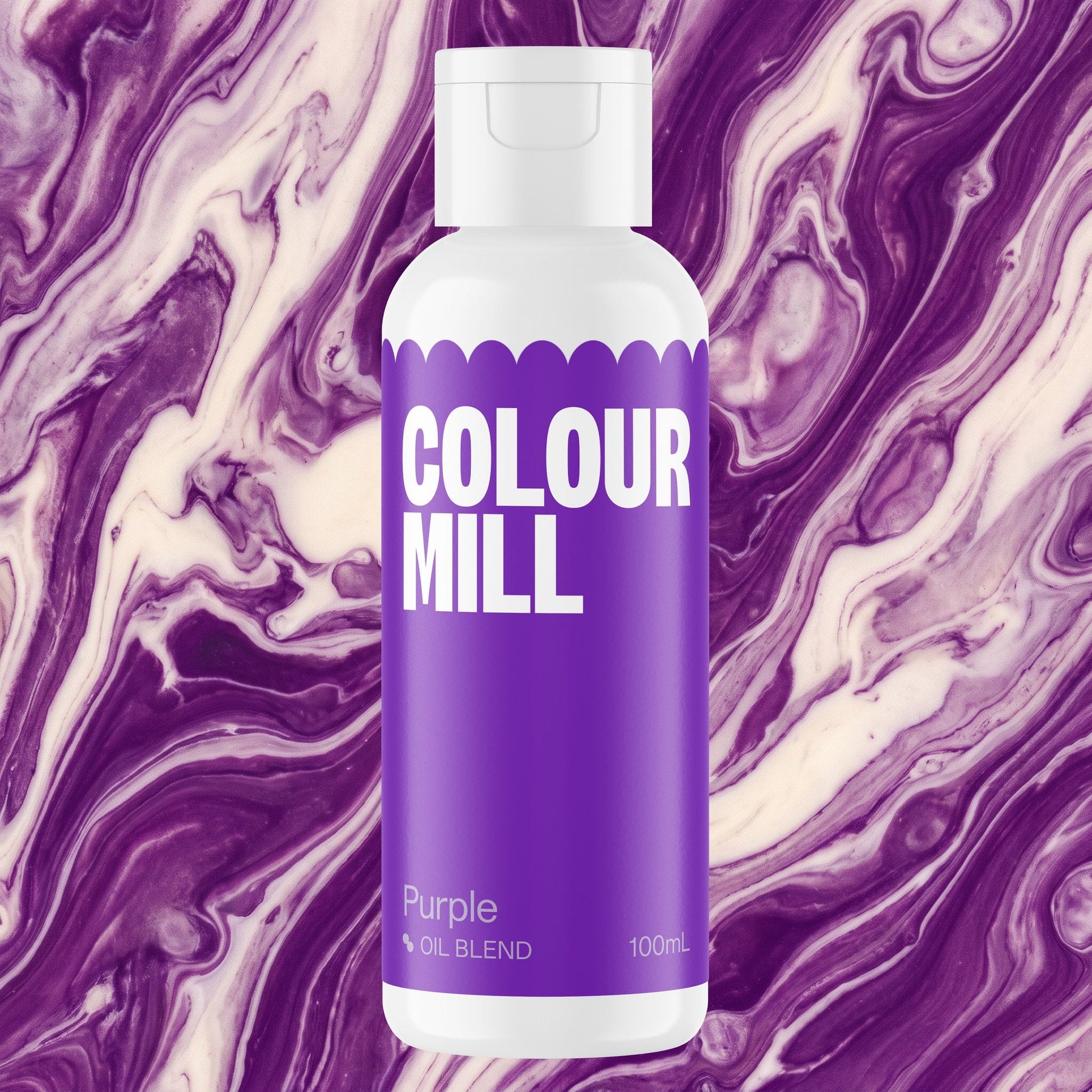 Colour Mill Purple 100ml oil based food coloring bottle on a marbled background