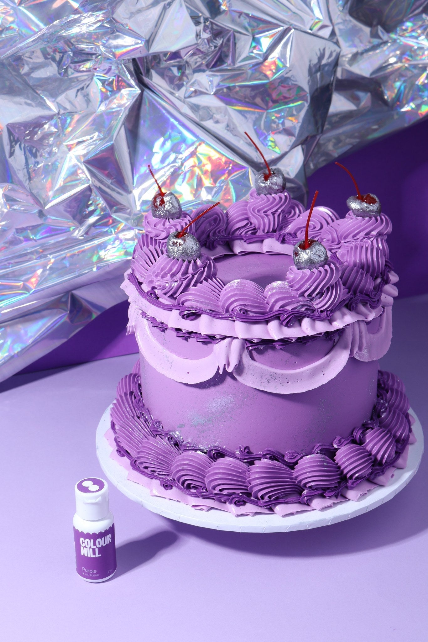 Cake decorated with buttercream colored using Colour Mill Purple oil based food coloring