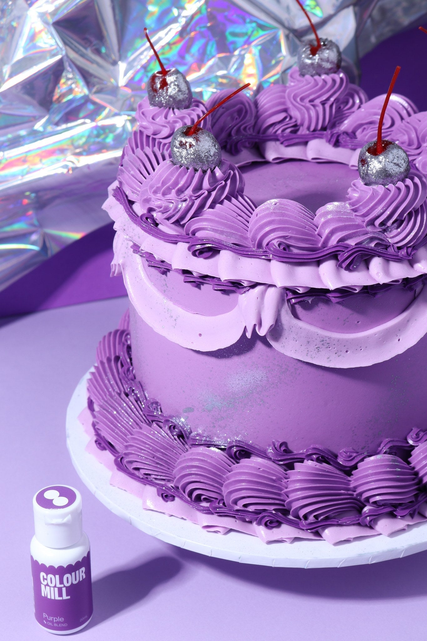 Cake decorated with buttercream colored using Colour Mill Purple oil based food coloring