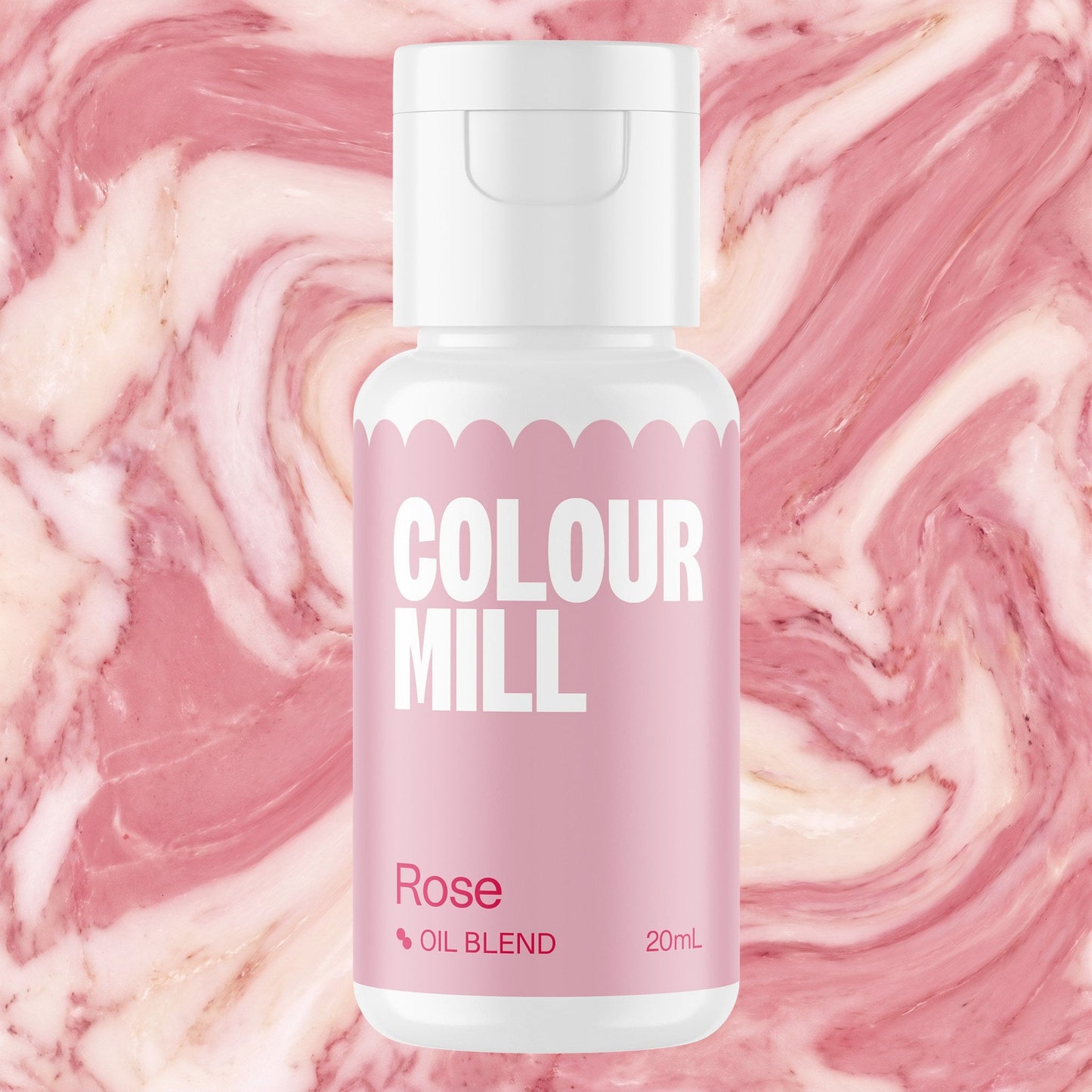 Colour Mill Rose 20ml oil based food coloring bottle on a marbled background