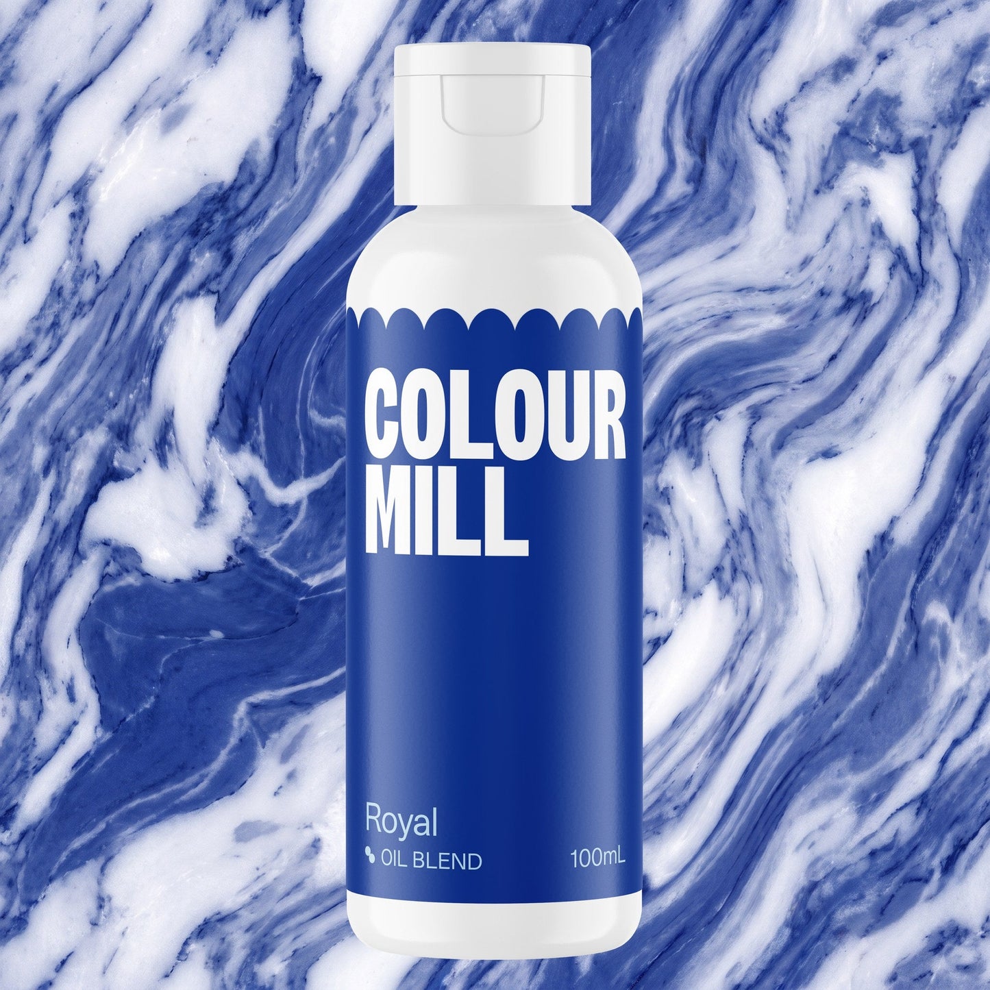 Colour Mill Royal 100ml oil based food coloring bottle on a marbled background