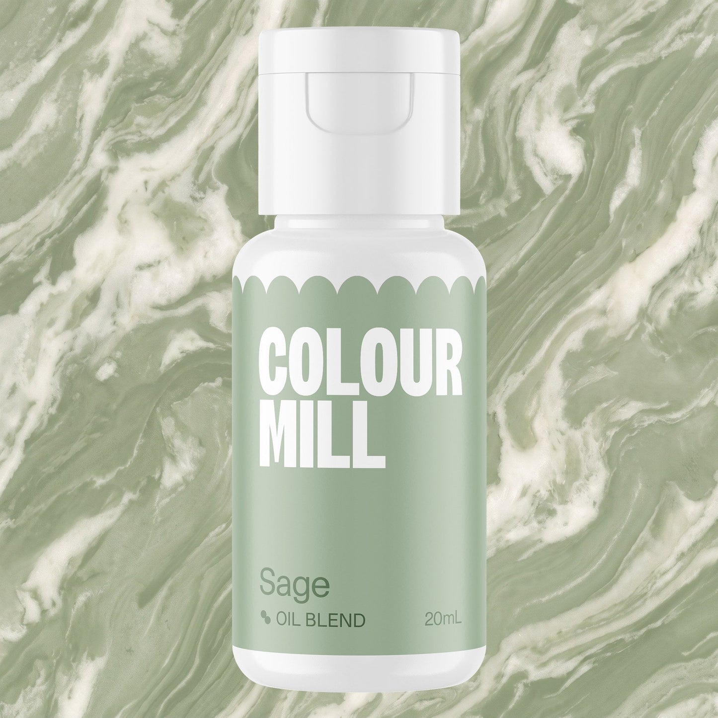 Colour Mill Sage 20ml oil based food coloring bottle on a marbled background